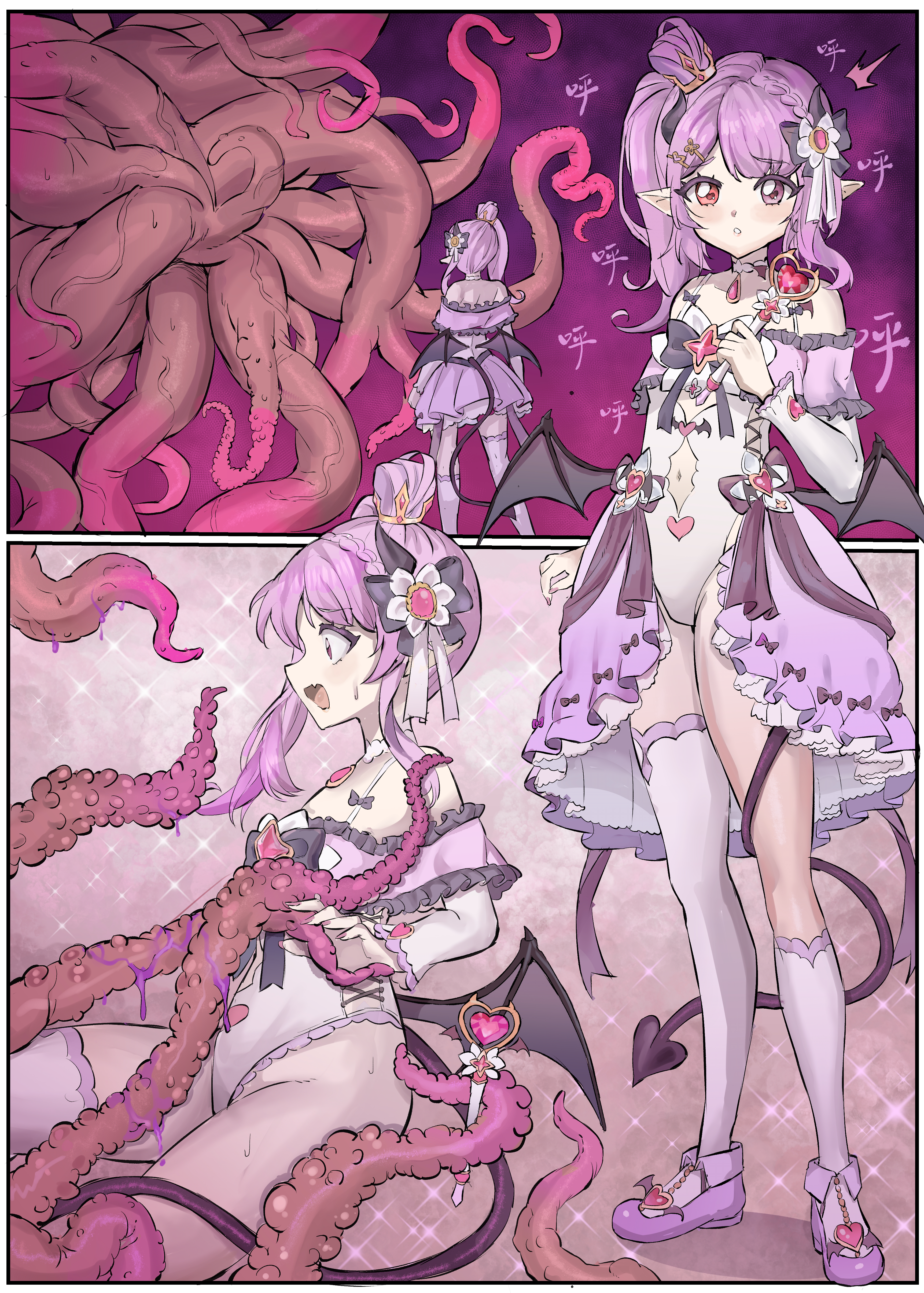 tiyuanpoli, purple footwear, highres, 1girl, asymmetrical legwear, bare shoulders, bow, clothing cutout, consensual tentacles, crown, demon girl, demon horns, demon tail, demon wings, dress, frills, hair ornament, heart, holding, holding wand, horns, kneehighs, leotard, low wings, magical girl, mini crown, mismatched legwear, multiple views, navel, navel cutout, open mouth, pink hair, pointy ears, purple hair, red eyes, shoes, showgirl skirt, side ponytail, single kneehigh, single sock, single thighhigh, socks, sparkle, standing, sweat, tail, tentacles, tentacles under clothes, thighhighs, uneven legwear, wand, white leotard, wings