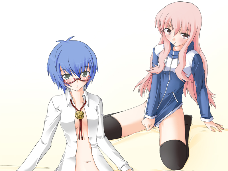 iwasaki takashi, louise francoise le blanc de la valliere, tabitha (zero no tsukaima), zero no tsukaima, 00s, 2girls, blue hair, covering crotch, covering privates, glasses, multiple girls, no bra, panties, pentacle, pink hair, shirt tug, thighhighs, underwear