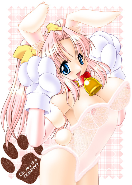 futaba morishita, 1girl, animal ears, bell, blue eyes, bow, bowtie, breasts, cleavage, collar, costume, female focus, gloves, large breasts, lingerie, long hair, neck bell, nipples, pink hair, rabbit ears, solo, tail, twintails, underwear
