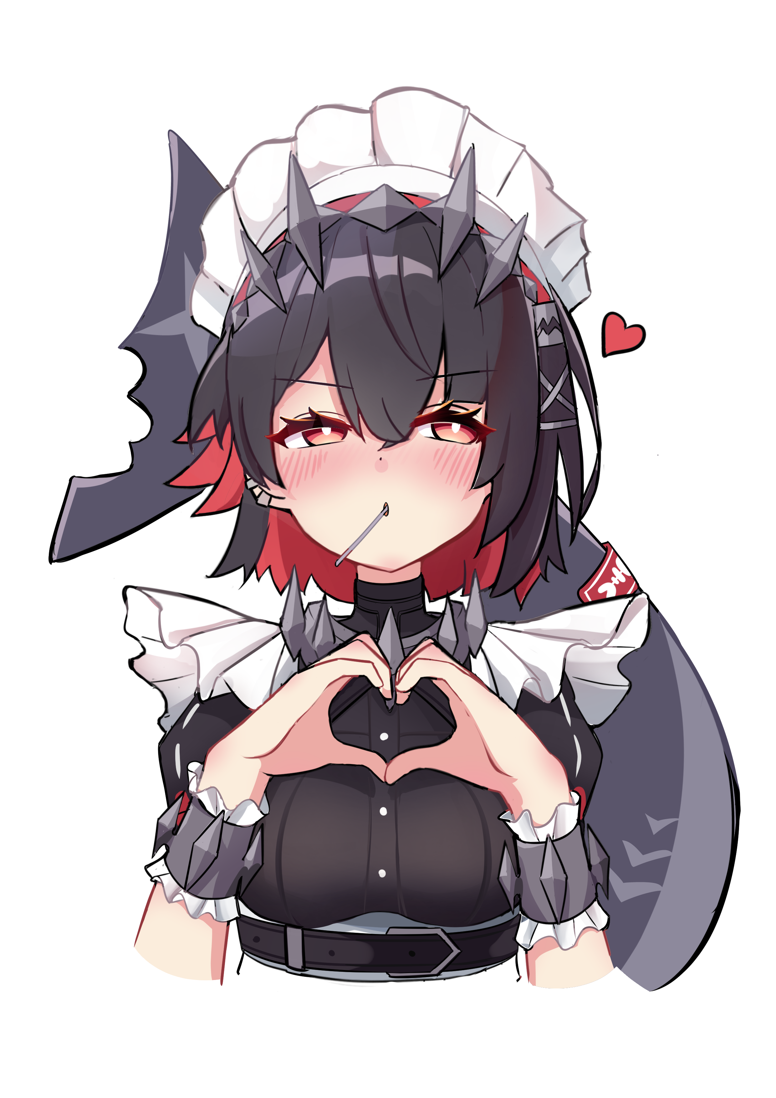 alte 05, ellen joe, zenless zone zero, absurdres, highres, 1girl, black dress, black hair, blush, colored inner hair, dress, fins, fish tail, hair ornament, hairpin, heart, heart hands, looking at viewer, maid, maid headdress, mouth hold, multicolored hair, red eyes, red hair, shark girl, shark tail, short hair, solo, tail, white background, white headdress, white wrist cuffs, wrist cuffs, x hair ornament