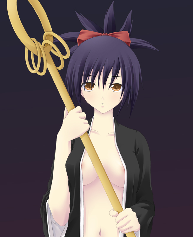 iwasaki takashi, senna (bleach), bleach, bleach: memories of nobody, 00s, 1girl, areola slip, bow, breasts, breasts apart, expressionless, female focus, hair bow, hair ribbon, hair up, high ponytail, holding, japanese clothes, jewelry, kimono, long hair, medium breasts, navel, nipple slip, nipples, no bra, open clothes, ponytail, purple hair, ribbon, ring, solo, staff, stomach, yellow eyes