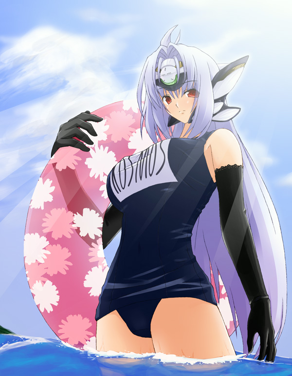 iwasaki takashi, kos-mos, kos-mos ver. 4, xenosaga, xenosaga episode iii, 00s, 1girl, black gloves, black one-piece swimsuit, blue hair, day, elbow gloves, female focus, from below, gloves, innertube, light rays, long hair, looking at viewer, name tag, old school swimsuit, one-piece swimsuit, outdoors, partially submerged, red eyes, school swimsuit, sky, solo, standing, sunbeam, sunlight, swim ring, swimsuit, wading, water