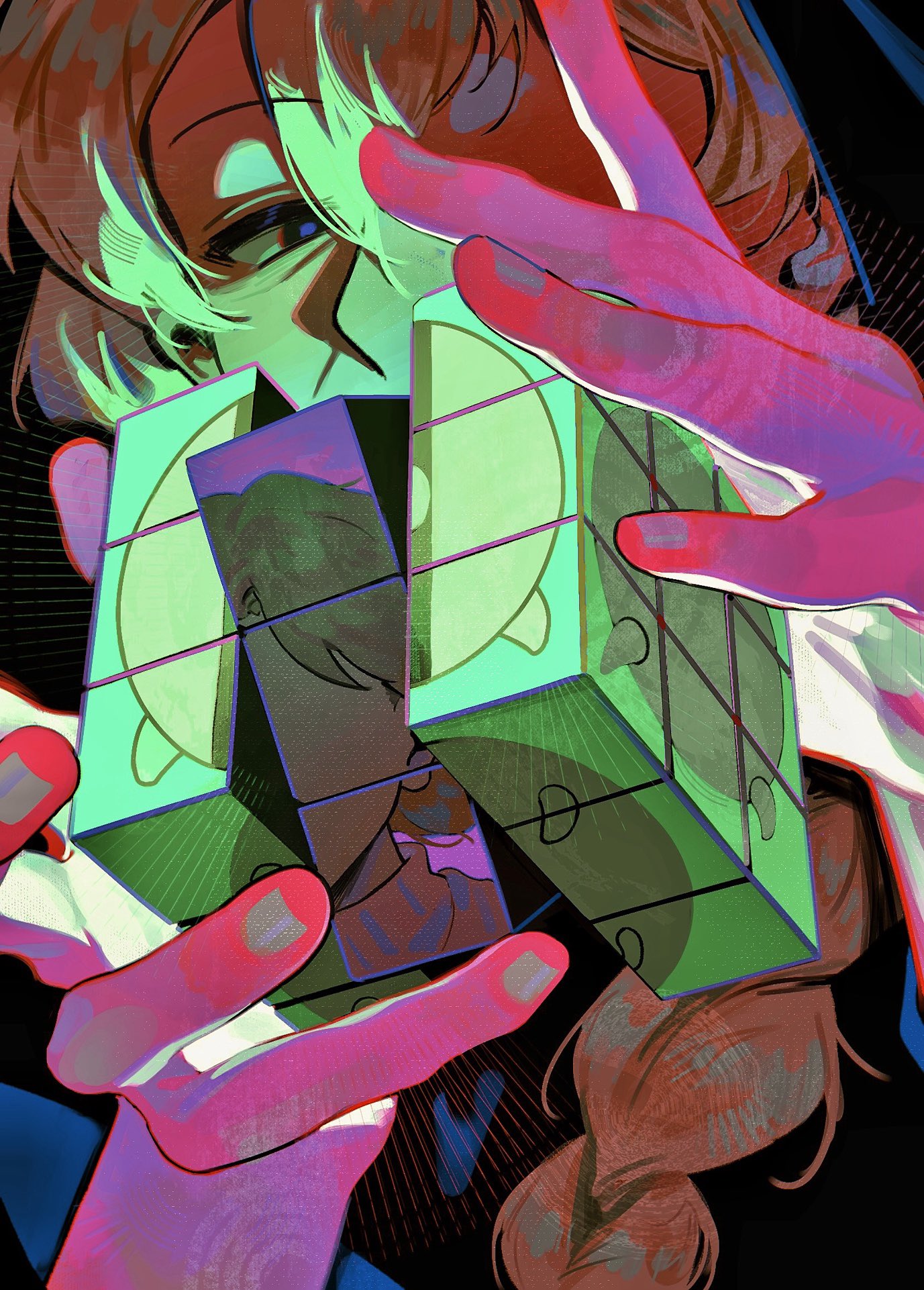 a-kai202, infinity train, chinese commentary, commentary request, highres, 1girl, amelia hughes, black eyes, blue pupils, braid, brown hair, covered mouth, hair over shoulder, long hair, one-one (infinity train), rubik's cube, solo