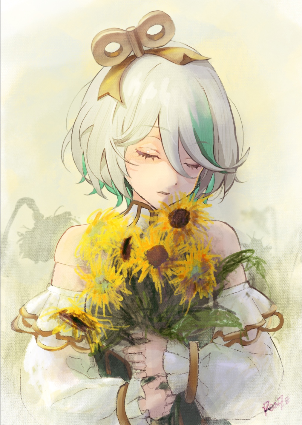 cecilia immergreen, cecilia immergreen (1st costume), hololive, hololive english, commentary, english commentary, highres, 1girl, closed eyes, colored inner hair, detached sleeves, flower, gradient hair, green hair, grey hair, holding, holding flower, medium hair, multicolored hair, parted lips, ranze lapis, solo, sunflower, virtual youtuber, winding key