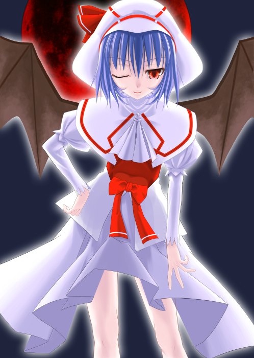 mizoreya, remilia scarlet, touhou, 1girl, bat wings, female focus, hat, solo, white hat, wings