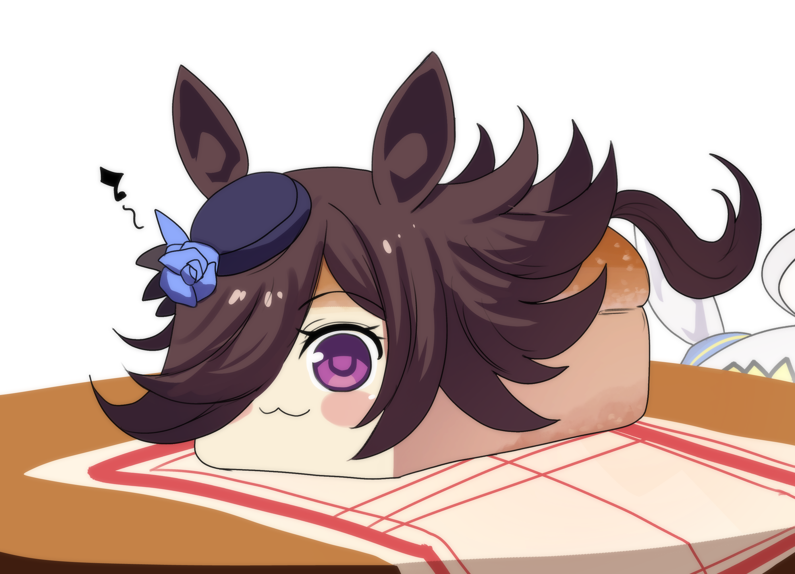 hinghoi, oguri cap (umamusume), rice shower (umamusume), umamusume, commentary, highres, 2girls, :3, ahoge, animal ears, blue flower, blue rose, blush stickers, bread, brown hair, chibi, chibi only, ear ornament, flipped hair, flower, food, grey hair, hair over one eye, hairband, hat, hat flower, horse ears, horse girl, horse tail, long hair, multiple girls, musical note, objectification, on table, out of frame, purple eyes, rose, simple background, table, tablecloth, tail, tilted headwear, yellow background