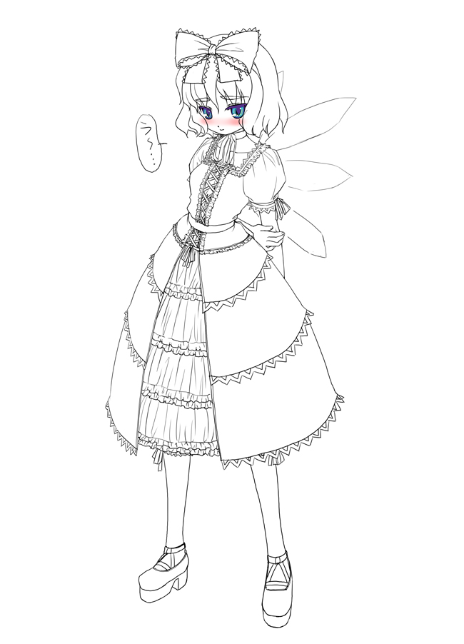 yu-ki, yuuki (snowhouse), cirno, touhou, 1girl, blush, dress, female focus, full body, goth fashion, greyscale, monochrome, solo, spot color, white background