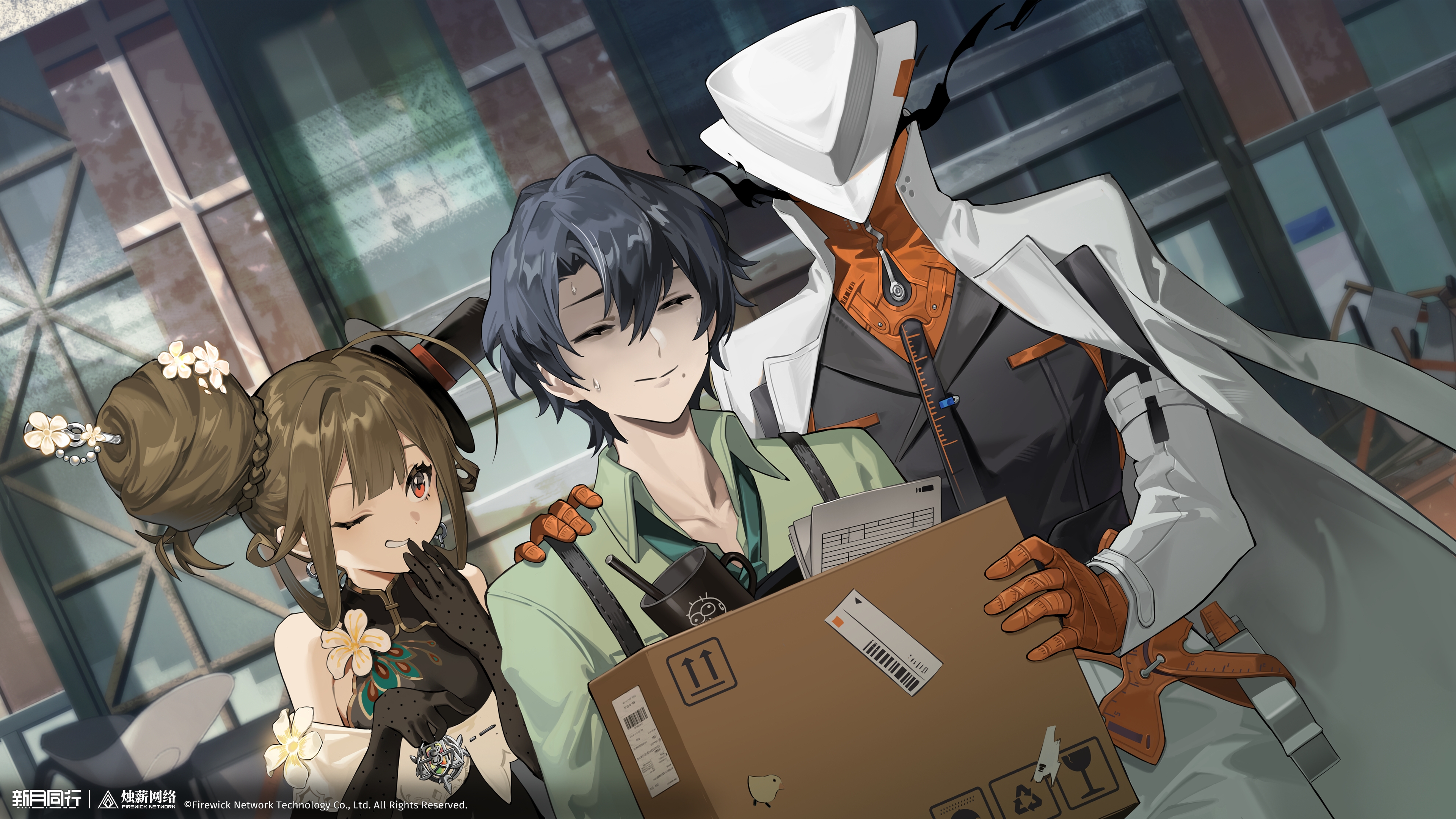 group leader (xinyue tongxing), xinyue tongxing, absurdres, highres, official art, official wallpaper, 1boy, 1girl, 1other, black dress, black gloves, black hair, black hat, black shirt, box, brown hair, building, cardboard box, closed eyes, closed mouth, coat, coat on shoulders, coffee mug, copyright name, copyright notice, cup, dress, dutch angle, earrings, flower, gloves, green necktie, green shirt, grin, hair bun, hair flower, hair ornament, hand on another's shoulder, hands up, hat, holding, holding box, huge hair bun, jewelry, jiaquan (xinyue tongxing), liqing (xinyue tongxing), logo, looking to the side, mini hat, mini top hat, mole, mole under mouth, mug, necktie, one eye closed, orange gloves, outdoors, paper, red eyes, shawl, shirt, short hair, single side bun, smile, smoke, sweat, teeth, tilted headwear, top hat, upper body, white coat, white flower, white hat, white shawl