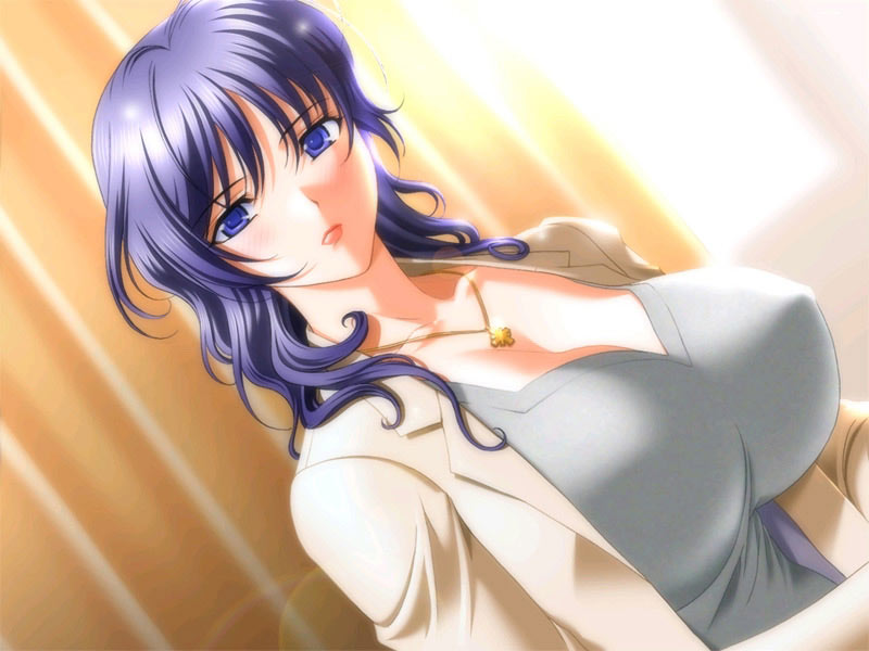 sano toshihide, kusunoki akane, futago no bosei honnou, futago no haha seihonnou, game cg, 00s, 1girl, blue eyes, blue hair, breasts, cleavage, cross, female focus, huge breasts, jewelry, lipstick, makeup, matching hair/eyes, necklace, solo
