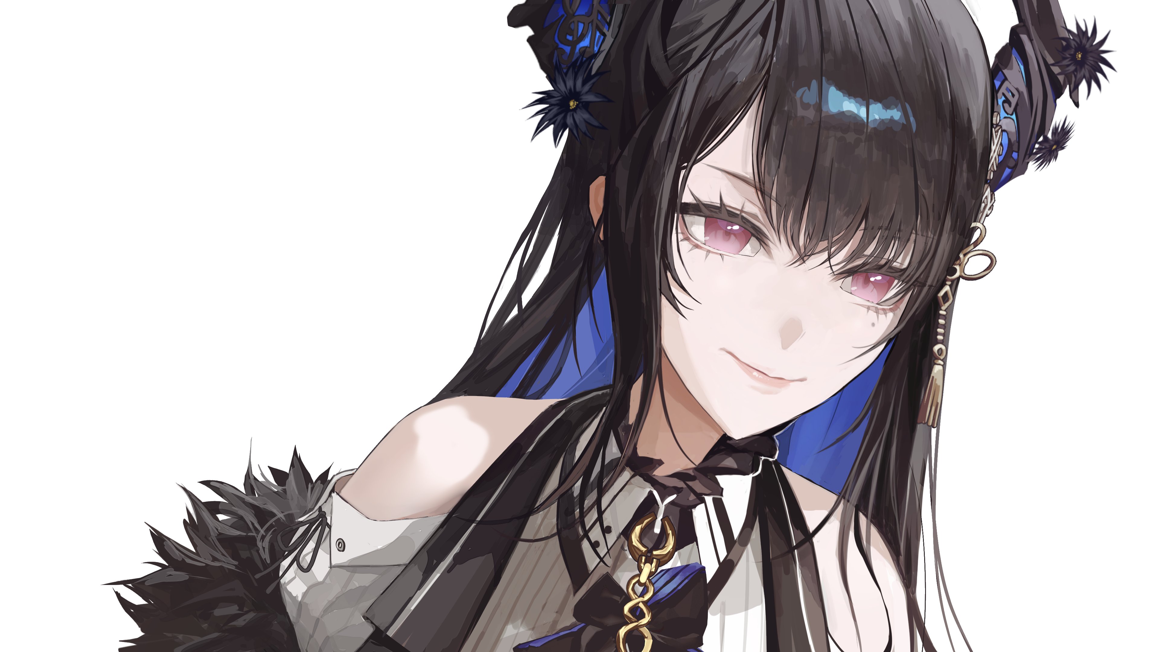 thekaiyip, nerissa ravencroft, nerissa ravencroft (1st costume), hololive, hololive english, absurdres, commentary, english commentary, highres, 1girl, black hair, black horns, black vest, closed mouth, dress shirt, fur-trimmed sleeves, fur trim, horns, mole, mole under eye, purple eyes, shirt, simple background, smile, solo, vest, virtual youtuber, white background, white shirt
