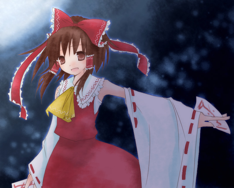 hakurei reimu, touhou, 1girl, ascot, bow, brown eyes, brown hair, detached sleeves, female focus, hair bow, hair tubes, looking at viewer, night, ofuda, open mouth, outdoors, outstretched arm, red bow, red ribbon, red skirt, ribbon, ribbon-trimmed sleeves, ribbon trim, sidelocks, skirt, skirt set, solo, vest