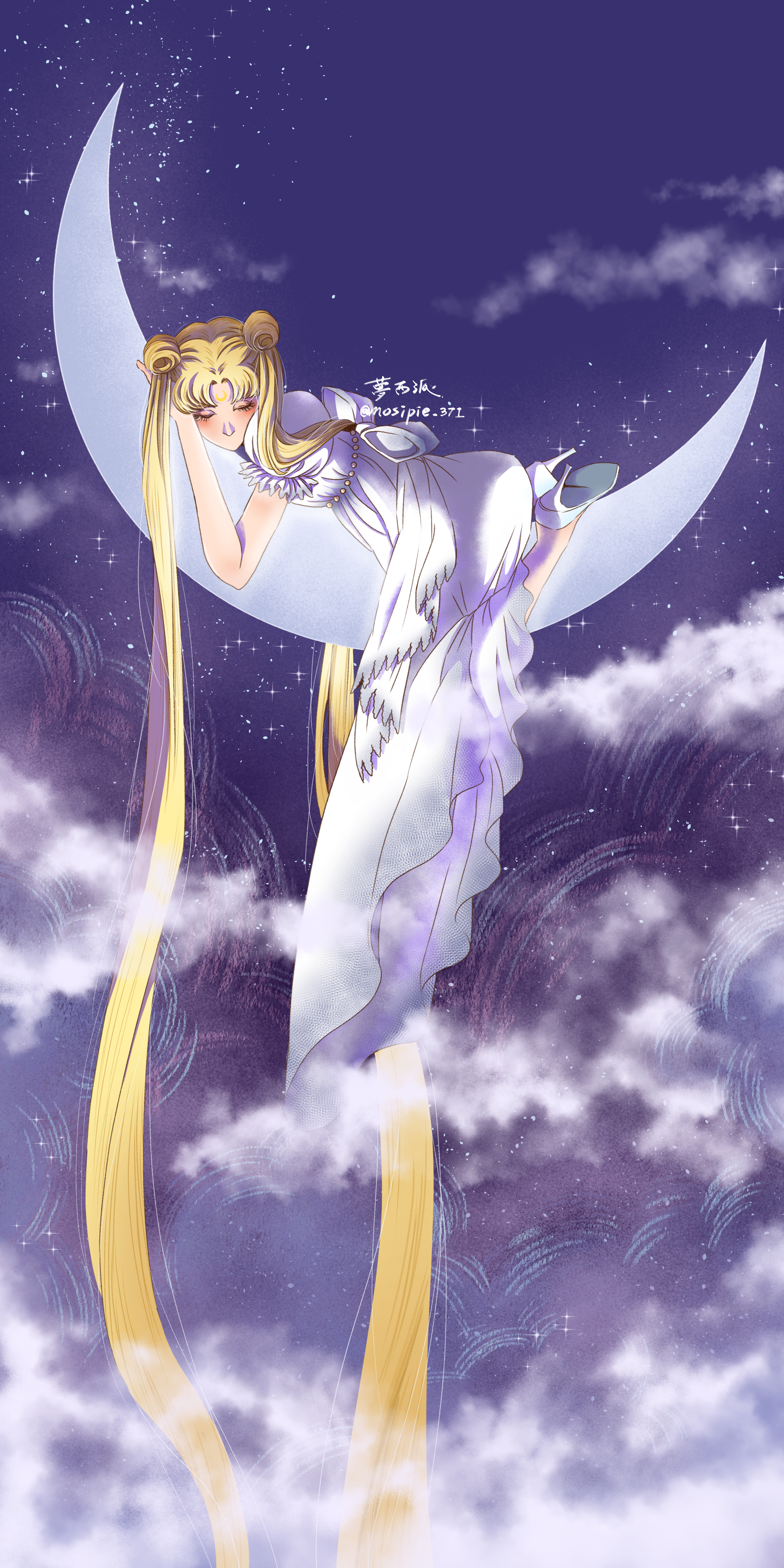 princess serenity, tsukino usagi, bishoujo senshi sailor moon, absurdres, highres, 1girl, blonde hair, blush, crescent, crescent facial mark, crescent moon, double bun, dress, facial mark, hair bun, high heels, long hair, moon, parted bangs, sleeping, solo, twintails, user kvge2527, very long hair, white dress