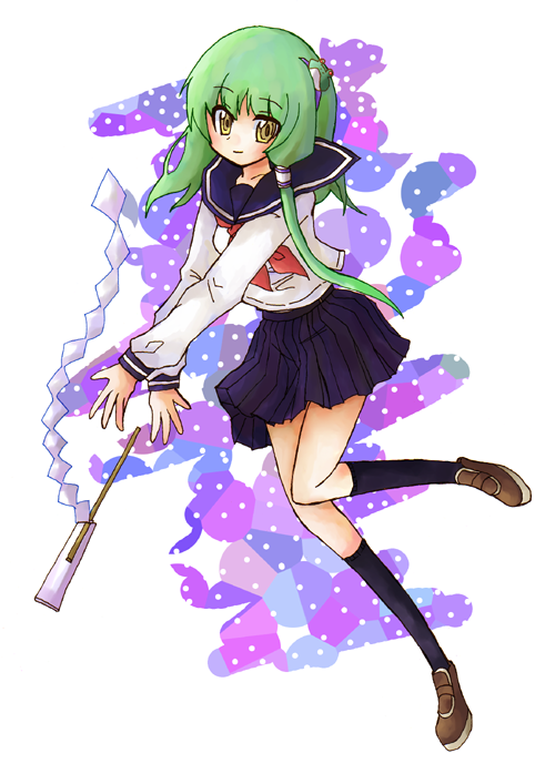 ngayope, kochiya sanae, touhou, 1girl, alternate costume, black skirt, black socks, brown shoes, female focus, frog hair ornament, full body, gohei, green hair, hair ornament, hair tubes, kneehighs, long sleeves, looking at viewer, neckerchief, oonusa, school uniform, serafuku, shide, shoes, simple background, skirt, socks, solo, white background, yellow eyes