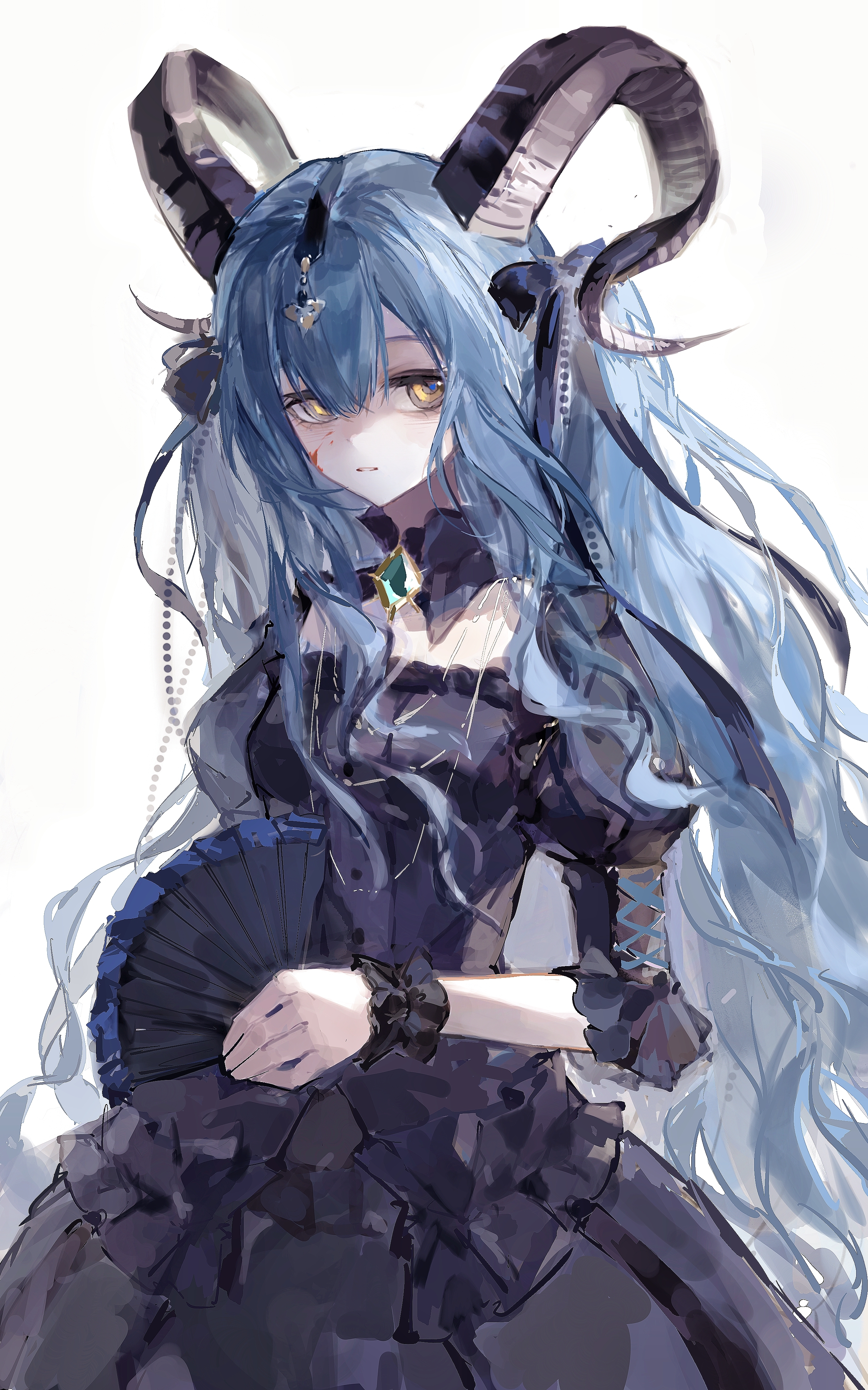 togawa sakiko, arknights, bang dream!, bang dream! it's mygo!!!!!, absurdres, chinese commentary, commentary request, highres, 1girl, black dress, black horns, black ribbon, blood, blood on face, blue hair, cowboy shot, curled horns, detached collar, dress, folding fan, hair ribbon, hand fan, holding, holding fan, horns, lingdian mengyou, long hair, looking at viewer, official alternate costume, parted lips, ribbon, sidelocks, simple background, solo, standing, togawa sakiko (master of melodia), two side up, white background, wrist cuffs, yellow eyes