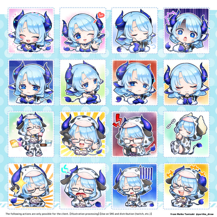 tanizaki meiko, miilkywayz, indie virtual youtuber, > <, 1girl, animal ears, animal print, bell, black bow, blue dress, blue eyes, blue hair, blush, bow, breasts, cleavage, closed eyes, closed mouth, controller, cow ears, cow girl, cow hood, cow horns, cow print, cow print thighhighs, cow tail, cowbell, dress, game controller, glasses, hair bow, hand on own cheek, hand on own face, heart, holding, holding controller, holding game controller, horn ornament, horns, mole, mole under mouth, one eye closed, open mouth, own hands together, print thighhighs, purple horns, sparkle, sparkling eyes, tail, thighhighs, twitter username, virtual youtuber, yawning