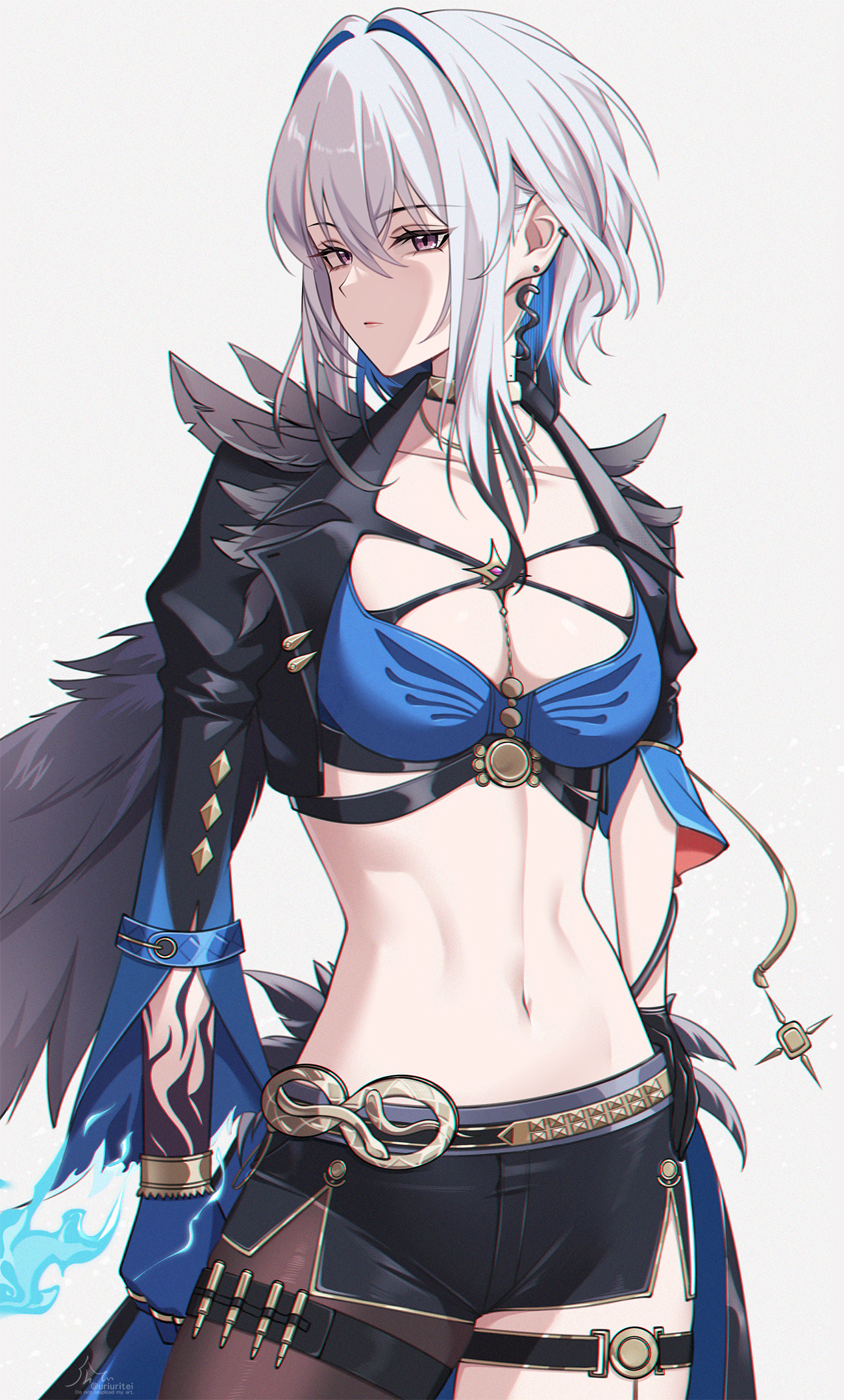 uriuritei, galbrena (wuthering waves), wuthering waves, commentary request, highres, 1girl, black jacket, black pantyhose, black shorts, blue bra, blue hair, bra, breasts, chromatic aberration, closed mouth, collarbone, cowboy shot, cropped jacket, earrings, grey background, grey hair, hair between eyes, jacket, jewelry, linea alba, looking at viewer, medium breasts, medium hair, navel, pantyhose, purple eyes, short shorts, shorts, simple background, single leg pantyhose, solo, stomach, thigh strap, underwear