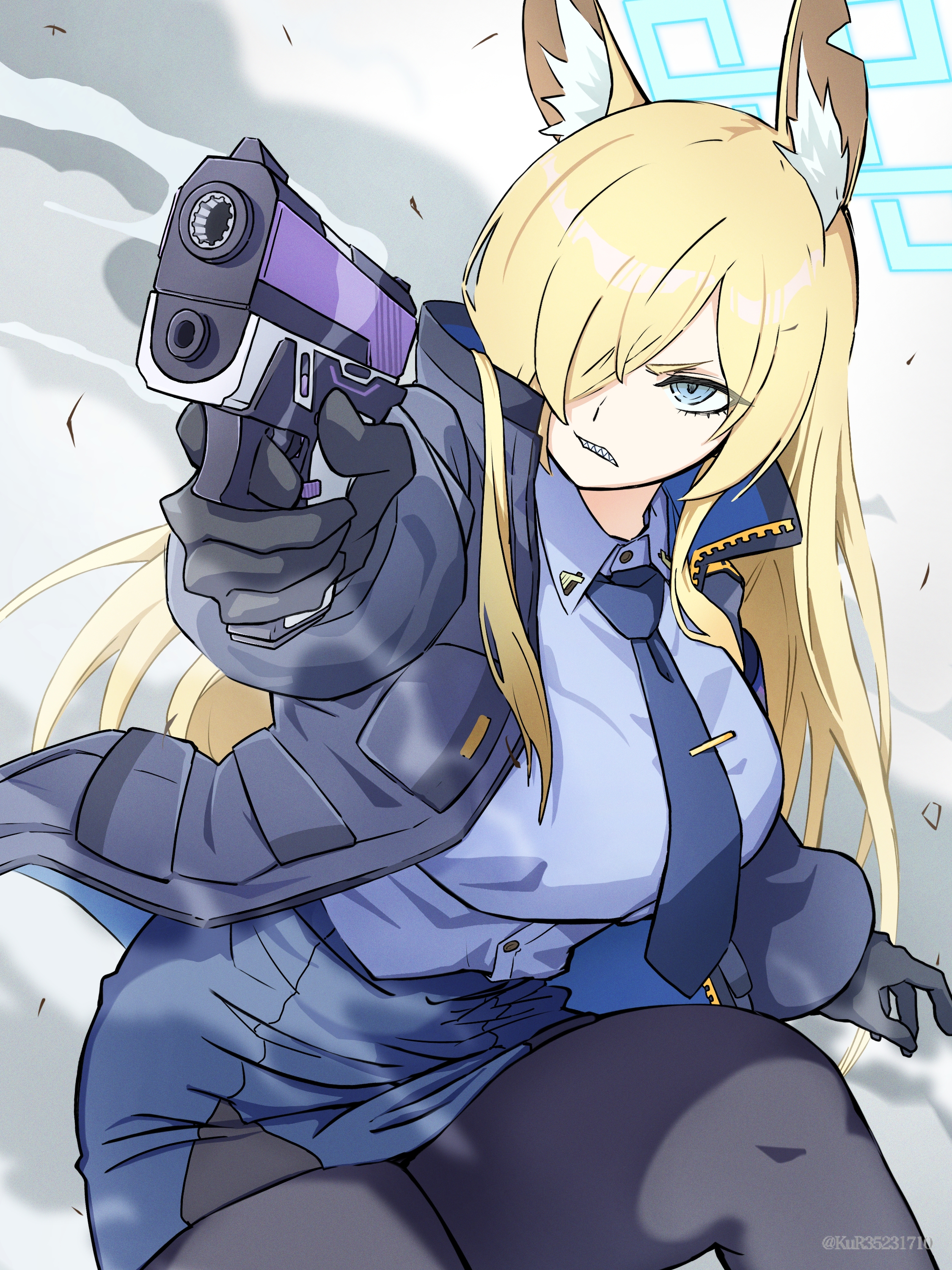 aruke (gter7727), kanna (blue archive), blue archive, absurdres, highres, 1girl, animal ear fluff, animal ears, black gloves, black pantyhose, blonde hair, blue eyes, breasts, clenched teeth, dog ears, gloves, gun, hair over one eye, holding, holding gun, holding weapon, jacket, long hair, looking at viewer, open clothes, open jacket, pantyhose, police, police uniform, policewoman, sharp teeth, solo, teeth, weapon
