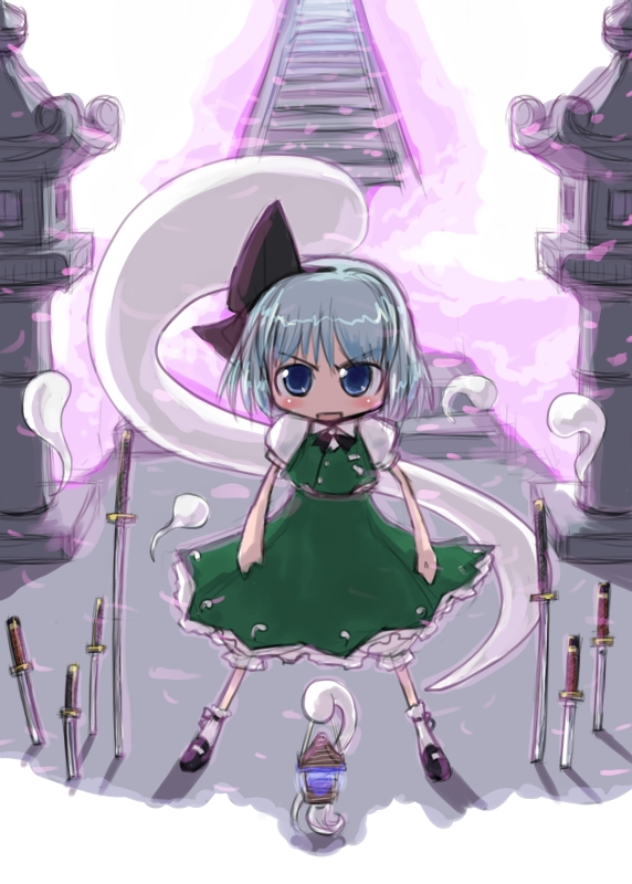 tao, tao (kadoya), konpaku youmu, konpaku youmu (ghost), touhou, silver hair, 1girl, blue eyes, chibi, female focus, hitodama, katana, lantern, solo, stairs, standing, stone lantern, sword, weapon