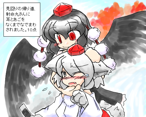 ookami inu, ookami inu (werwolf), inubashiri momiji, shameimaru aya, touhou, silver hair, lowres, translated, 2girls, animal ears, animal hands, black hair, black wings, blush, female focus, grey eyes, hat, multiple girls, one eye closed, red eyes, short hair, smirk, tail, tokin hat, wince, wings, wolf ears, wolf tail
