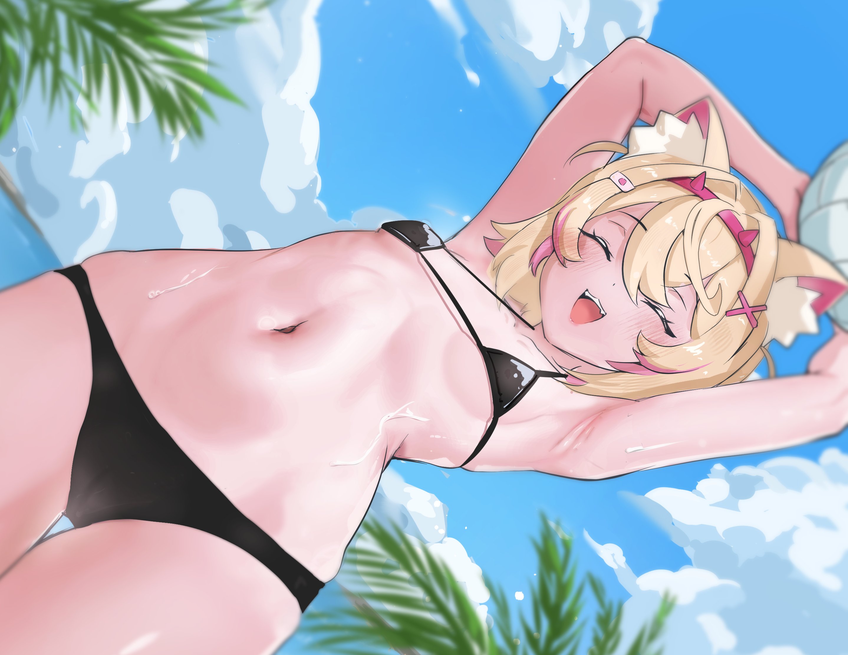 katosh, mococo abyssgard, hololive, hololive english, hashtag-only commentary, highres, 1girl, alternate costume, animal ears, armpits, arms up, ball, bandaid, bandaid hair ornament, bikini, black bikini, blonde hair, blue sky, breasts, closed eyes, cloud, cloudy sky, day, dog ears, dog girl, hair ornament, hairband, holding, holding ball, horn hairband, navel, ocean, open mouth, outdoors, pink hairband, pink streaks, sky, small breasts, solo, sweat, swimsuit, virtual youtuber, volleyball (object), x hair ornament