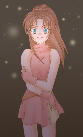 kankiriko, linde (fire emblem), fire emblem, fire emblem: mystery of the emblem, fire emblem: shadow dragon, nintendo, lowres, 1girl, blue eyes, brown hair, dress, female focus, gloves, light particles, miniskirt, ponytail, skirt, smile, solo, turtleneck, turtleneck dress