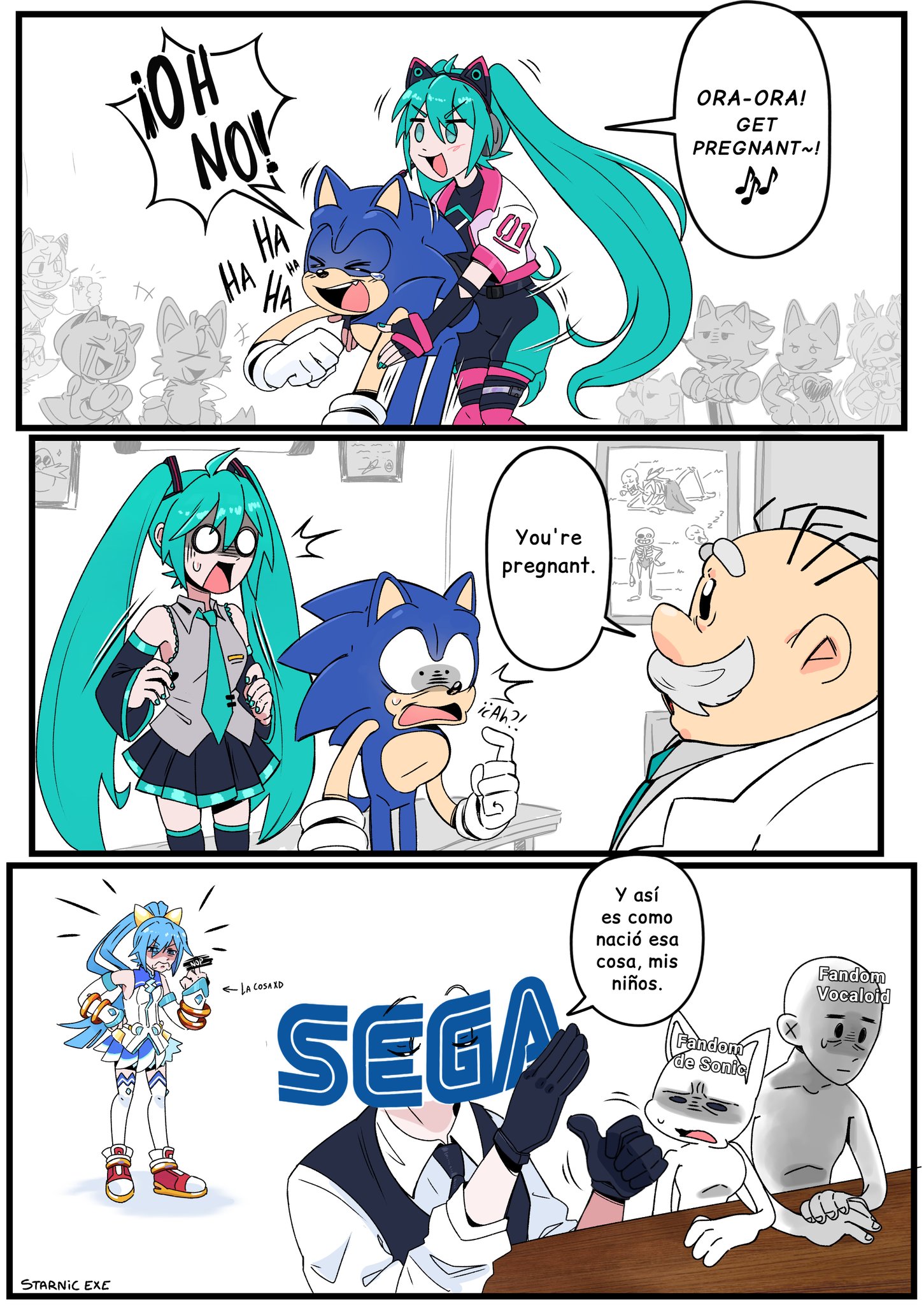amy rose, cream the rabbit, hatsune miku, rouge the bat, sega hatsumi, shadow the hedgehog, sonic the hedgehog, tails (sonic), choujigen game neptune, choujigen taisen neptune vs sega hard girls, neptune (series), sonic (series), sonic racing: crossworlds, vocaloid, commentary request, highres, translation request, 3others, 5boys, 5girls, english text, engrish text, meme, multiple boys, multiple girls, multiple others, ora ora get pregnant (meme), ranguage, spanish text, starnic exe