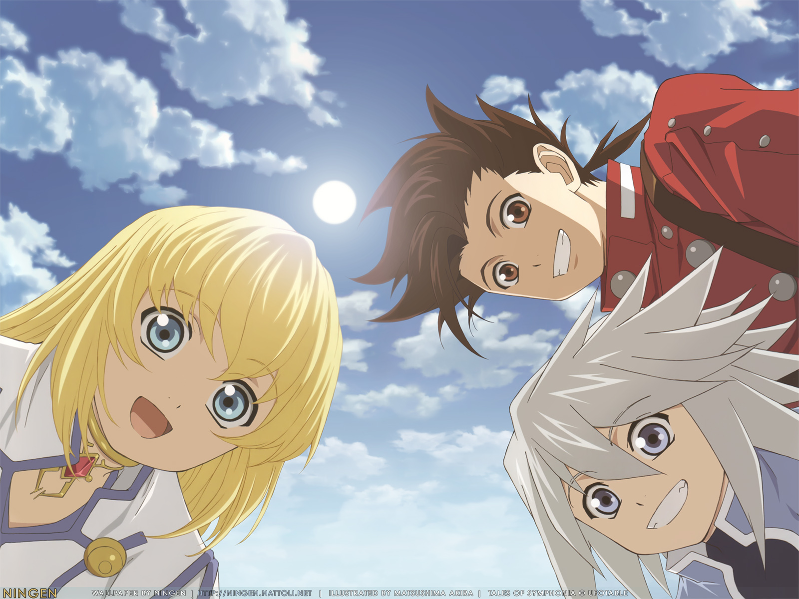 colette brunel, genius sage, lloyd irving, tales of (series), tales of symphonia, silver hair, highres, official art, official wallpaper, 00s, 1girl, 2boys, blonde hair, blue eyes, brown eyes, brown hair, cloud, day, multiple boys, open mouth, red shirt, shirt, sky, smile, sun