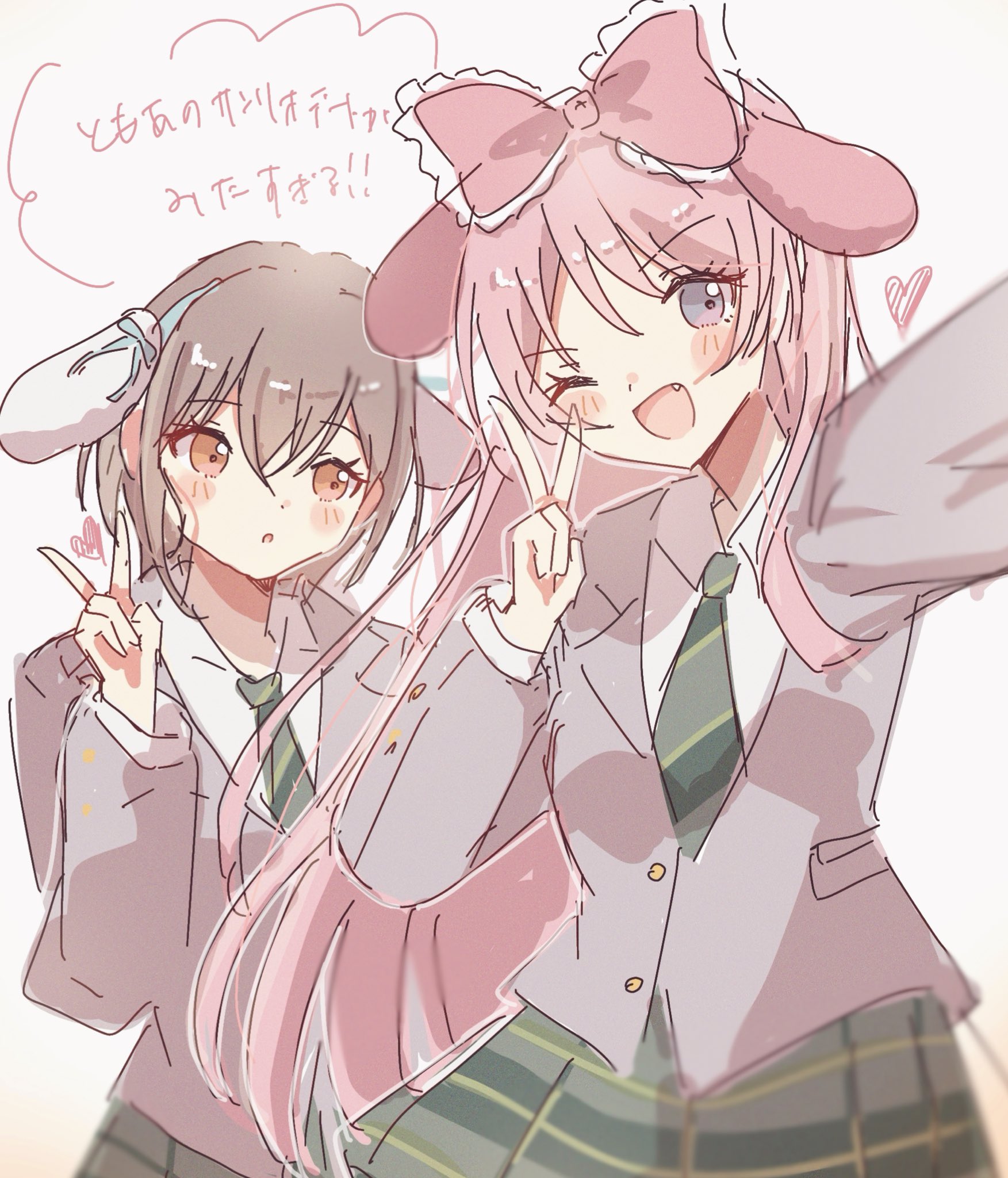 chihaya anon, takamatsu tomori, bang dream!, bang dream! it's mygo!!!!!, highres, 2girls, diagonal-striped clothes, diagonal-striped necktie, fang, green necktie, grey eyes, grey hair, grey jacket, grey neckerchief, haneoka school uniform, jacket, long hair, mochizuki (8 wa0407), multiple girls, neckerchief, necktie, open mouth, pink hair, school uniform, short hair, striped clothes, white background