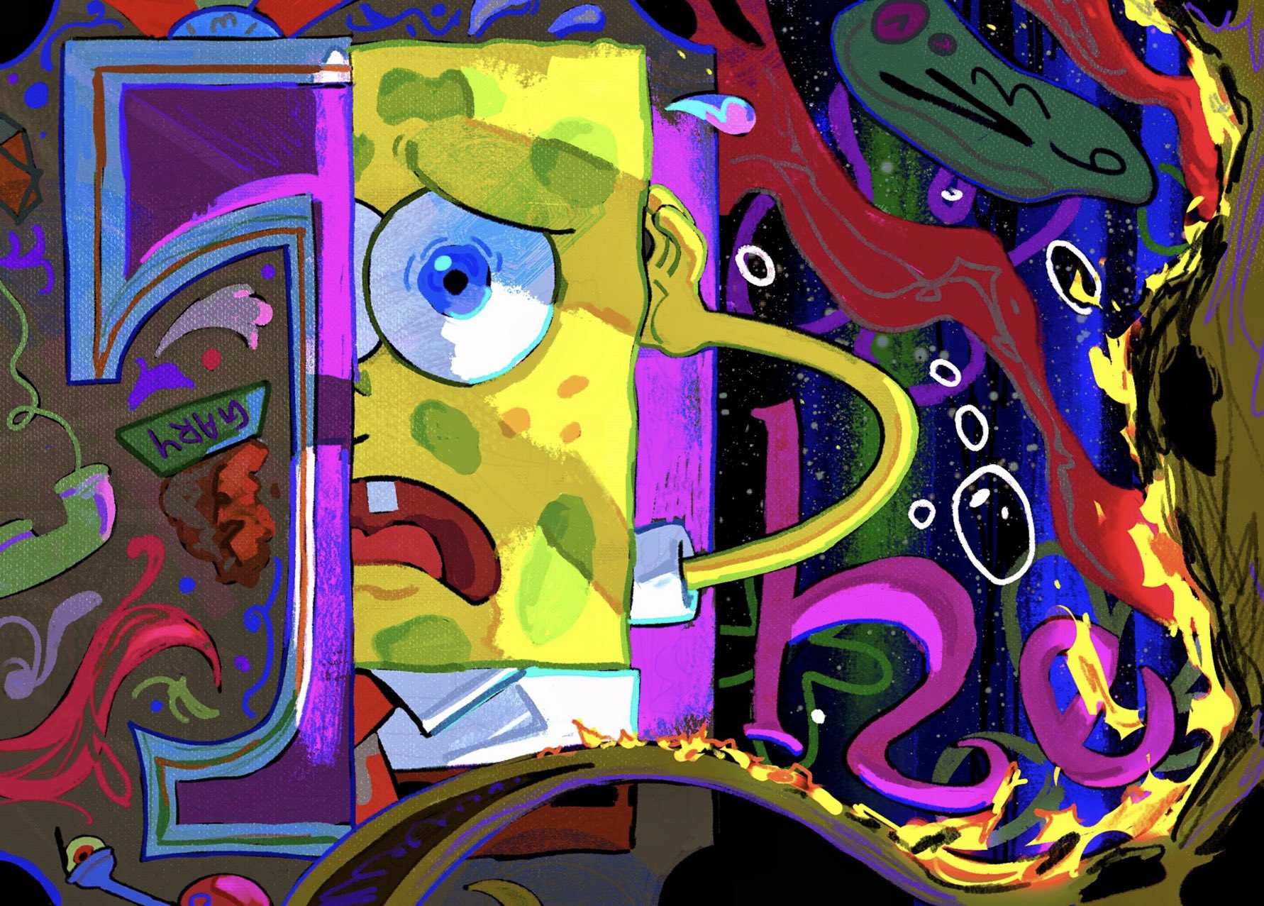 a-kai202, spongebob squarepants, spongebob squarepants (series), commentary, english commentary, highres, 1boy, blue eyes, collared shirt, corded phone, english text, frown, male focus, necktie, open mouth, panicking, phone, red necktie, shirt, solo, tongue, white shirt