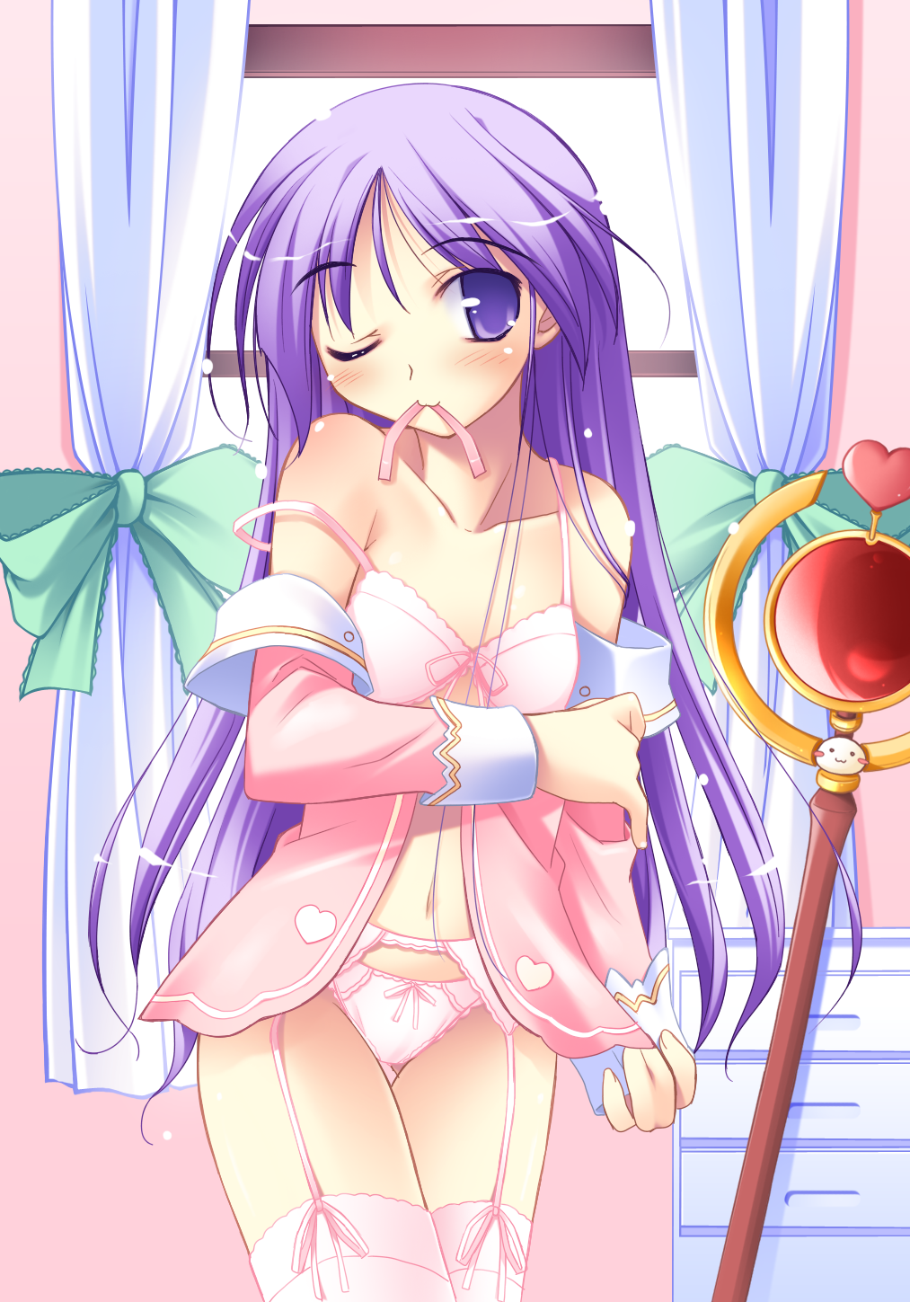 watarase jun, happiness!, highres, 00s, 1boy, :3, crossdressing, crossdressing (mtf), garter belt, indoors, lingerie, male focus, navel, one eye closed, open clothes, open shirt, panties, pink panties, purple eyes, purple hair, shirt, solo, thighhighs, trap, underwear, wink