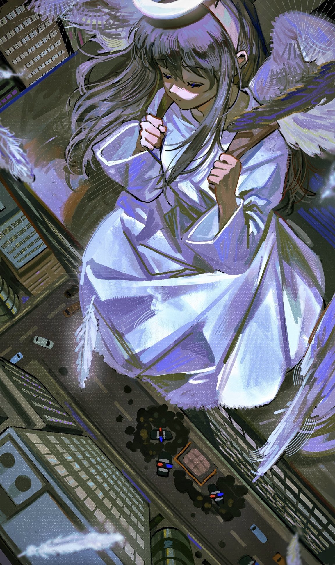 a-kai202, original, commentary, english commentary, highres, 1girl, angel, angel wings, black hair, building, car, city, closed eyes, dress, feathers, from above, halo, imminent suicide, long hair, motor vehicle, police car, white dress, white feathers, white wings, wings