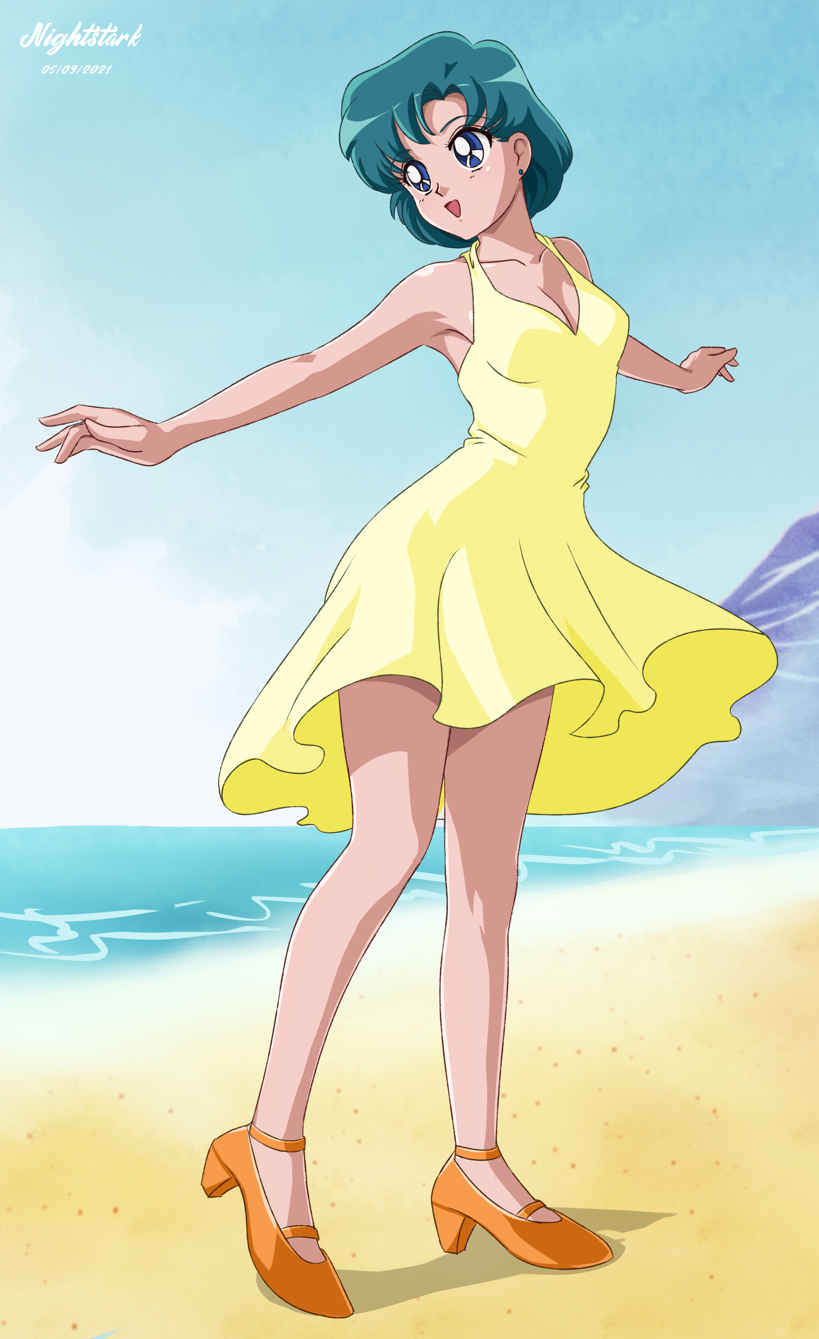nightstark, mizuno ami, bishoujo senshi sailor moon, absurdres, highres, armpits, beach, blue eyes, blue hair, breasts, cleavage, collarbone, dress, earrings, high heels, jewelry, looking to the side, orange shoes, shoes, short dress, short hair, small breasts, smile, stud earrings, yellow dress