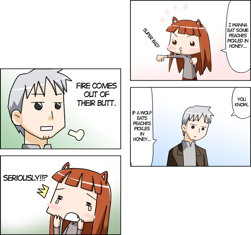 craft lawrence, holo, spice and wolf, hard-translated, third-party edit, translated, 4koma, animal ears, chibi, comic, parody, wolf ears