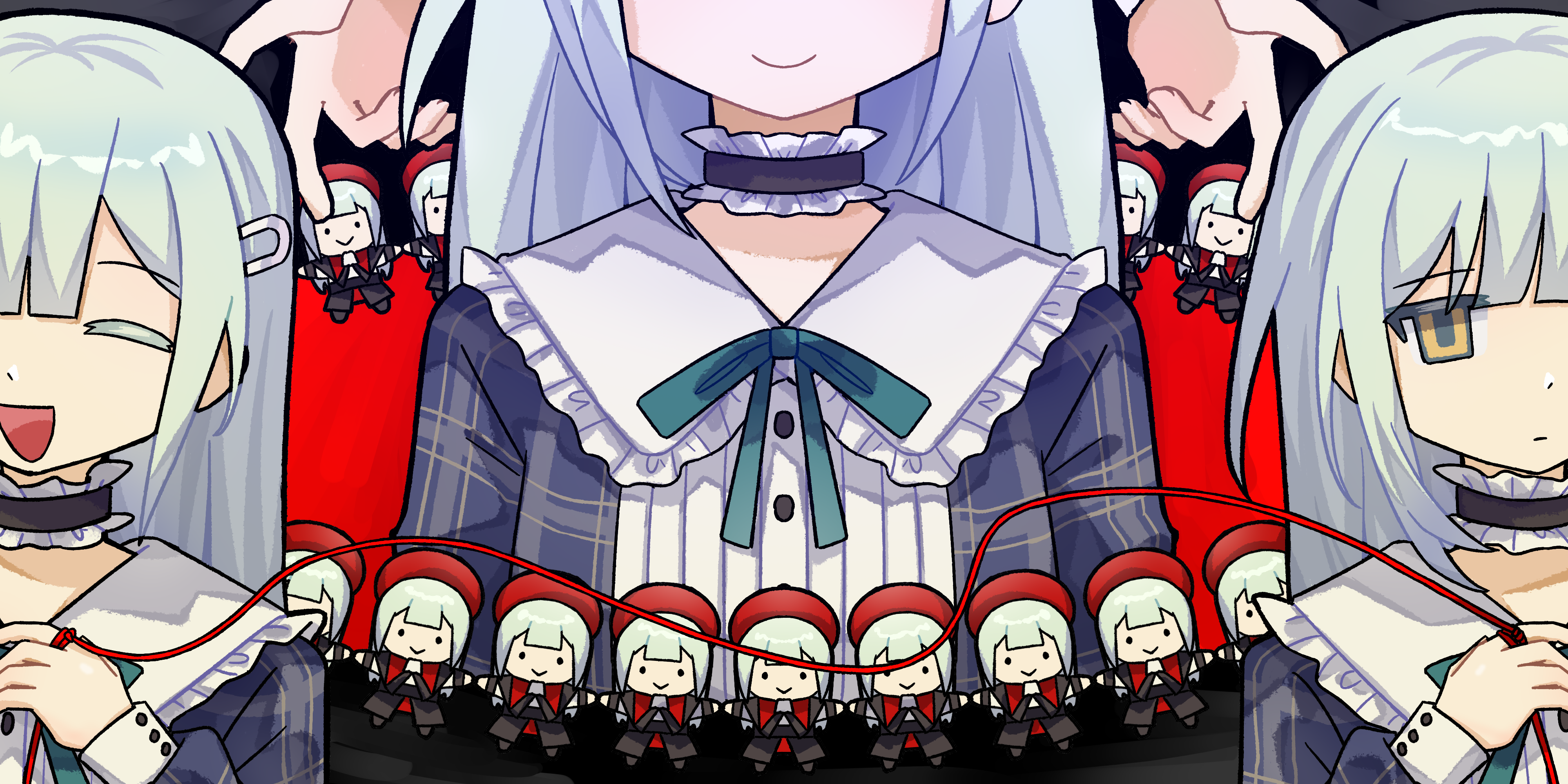 mortis (bang dream!), mortis (costume) (bang dream!), mortis (persona) (bang dream!), wakaba mutsumi, bang dream!, bang dream! it's mygo!!!!!, absurdres, chinese commentary, commentary request, highres, 6+girls, :d, bai niao 0-404, character doll, choker, closed eyes, closed mouth, doll, expressionless, frilled choker, frills, green hair, green ribbon, hair ornament, hairclip, hand up, head out of frame, long hair, looking at viewer, multiple girls, multiple persona, neck ribbon, open mouth, ribbon, smile, string, string of fate, yellow eyes