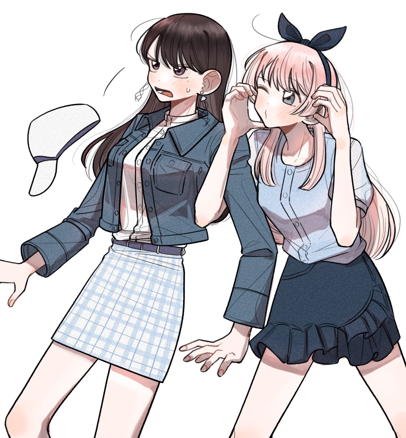 otaku5252, chihaya anon, shiina taki, bang dream!, bang dream! it's mygo!!!!!, highres, 2girls, black hair, blush, grey eyes, long hair, mole, mole under eye, multiple girls, one eye closed, open mouth, pink hair, purple eyes, white background