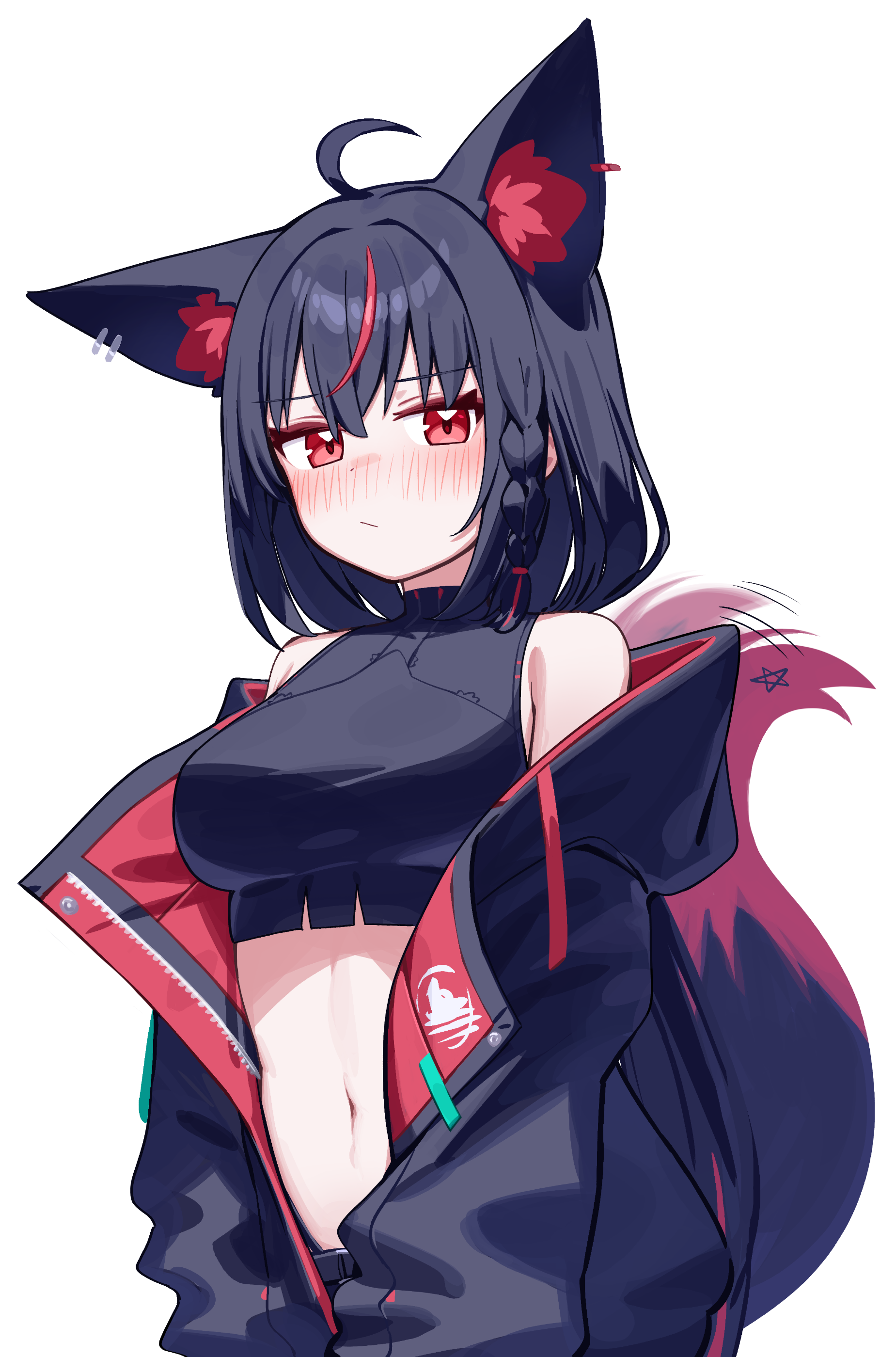 deaver, kurokami fubuki, hololive, absurdres, highres, 1girl, ahoge, animal ear fluff, animal ears, black hair, black jacket, black shirt, blush, braid, crop top, cropped shirt, fox ears, fox girl, fox tail, hood, hooded jacket, jacket, long hair, looking at viewer, midriff, navel, off shoulder, red eyes, red hair, red streaks, shirt, side braid, simple background, single braid, sleeveless, sleeveless shirt, solo, tail, tail wagging, virtual youtuber, white background