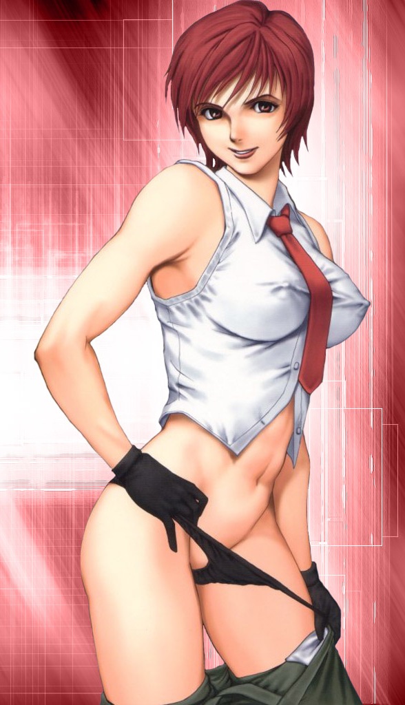 saigado, vanessa (kof), snk, the king of fighters, 1girl, bare shoulders, black panties, breasts, brown eyes, covered erect nipples, female focus, gloves, large breasts, midriff, necktie, panties, panty pull, red hair, short hair, smile, solo, underwear, undressing