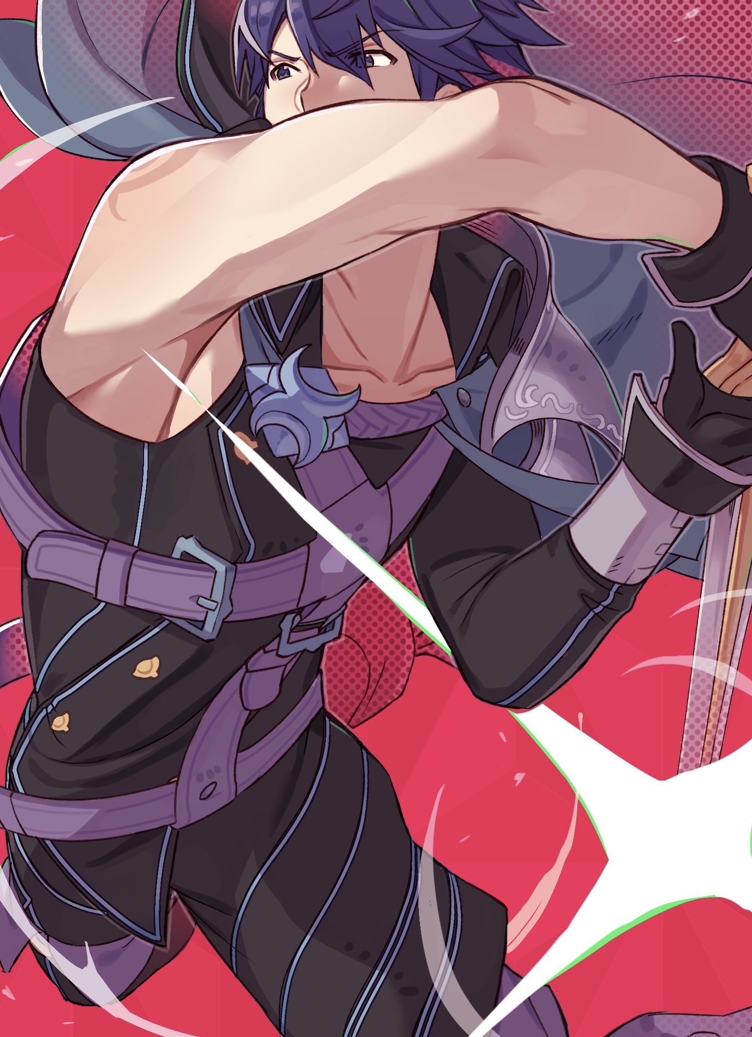 nyo02921978, chrom (fire emblem), fire emblem, fire emblem awakening, nintendo, commentary, highres, 1boy, armor, arms up, asymmetrical sleeves, belt buckle, ben-day dots, black shirt, blue eyes, blue hair, buckle, cape, chest harness, collarbone, dynamic pose, falchion (fire emblem), floating cape, harness, high collar, holding, holding sword, holding weapon, looking to the side, male focus, parted bangs, pauldrons, screentones, shirt, shoulder armor, single pauldron, solo, sword, weapon, wing collar