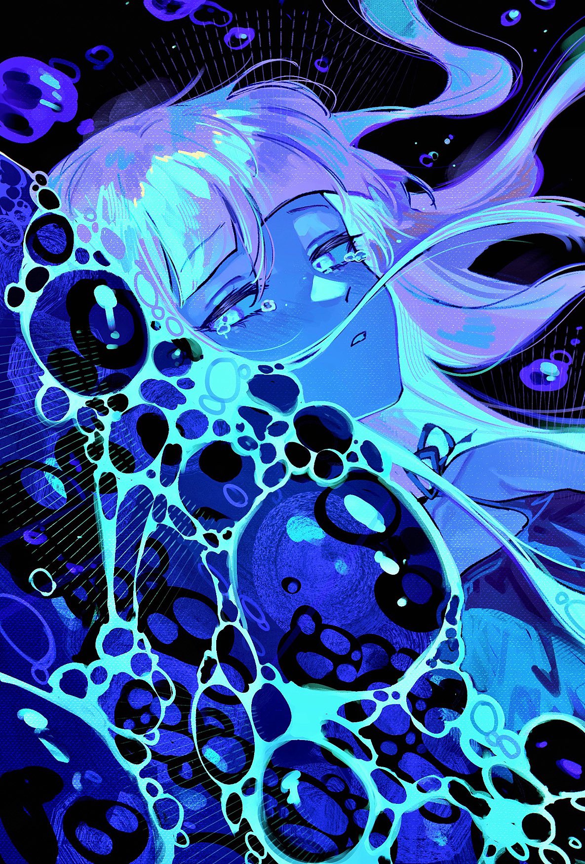a-kai202, original, commentary, highres, symbol-only commentary, 1girl, blue eyes, blue skin, blunt bangs, bubble, colored skin, long hair, parted lips, solo, tears, water, white hair