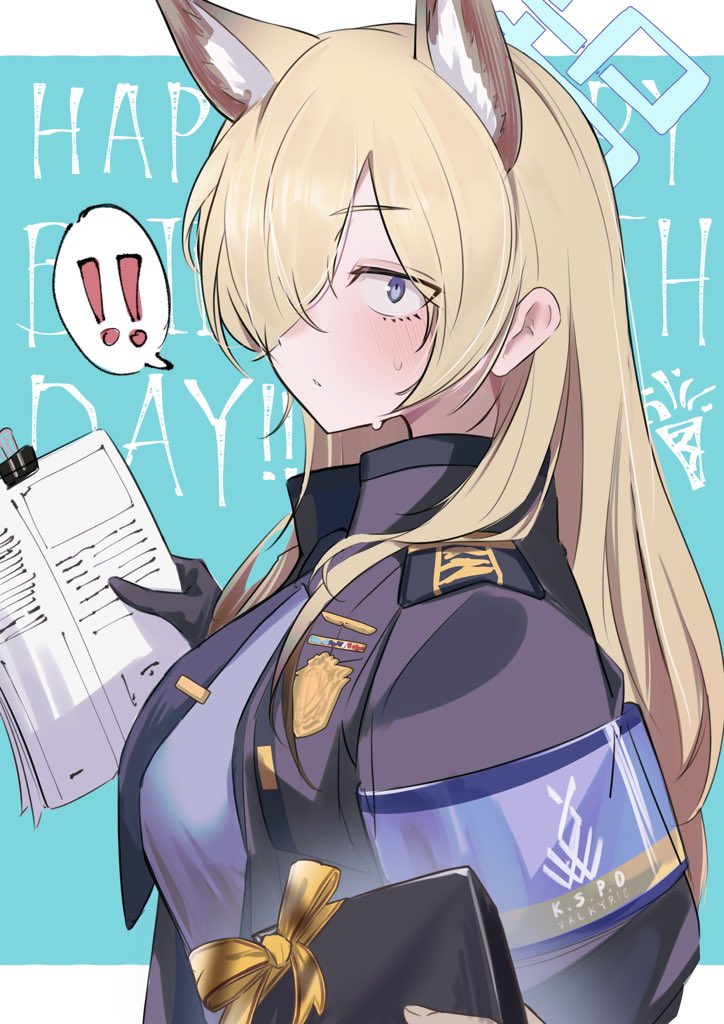 kurokuro rakuga, kanna (blue archive), blue archive, !, !!, animal ear fluff, animal ears, black gloves, blonde hair, blue eyes, blue necktie, blue shirt, blush, breasts, dog ears, dog girl, gloves, halo, happy birthday, holding, holding paper, jacket, long hair, looking at viewer, necktie, open clothes, open jacket, paper, shirt, upper body