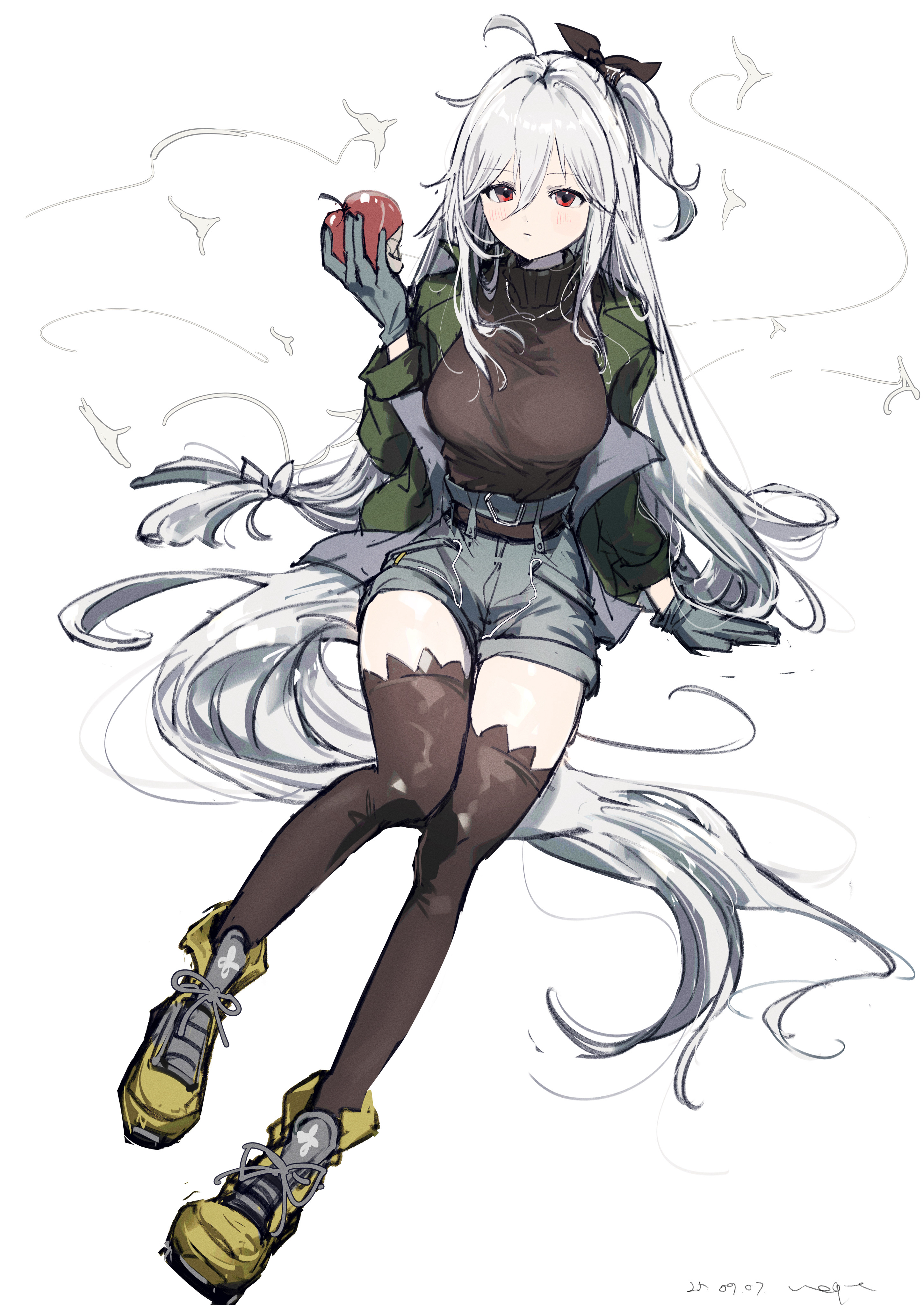 pppmepl, skadi (arknights), skadi (the next afternoon tea) (arknights), arknights, absurdres, commentary, english commentary, highres, 1girl, ankle boots, apple, boots, breasts, brown sweater, brown thighhighs, closed mouth, dated, food, fruit, full body, gloves, green jacket, grey gloves, grey shorts, hair between eyes, high-waist shorts, holding, holding food, holding fruit, jacket, lace-up boots, large breasts, light blush, long hair, long sleeves, official alternate costume, open clothes, open jacket, red eyes, shorts, simple background, solo, sweater, thighhighs, turtleneck, turtleneck sweater, very long hair, white background, white hair, yellow boots