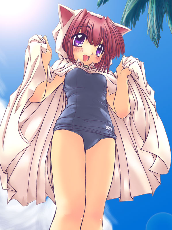 1girl, animal ears, animal hood, cat ears, cat hood, day, female focus, hood, one-piece swimsuit, palm tree, school swimsuit, sky, smile, solo, swimsuit, tree