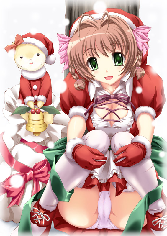 daikobutu, shiruko (inosin), suzumiya haruka, kimi ga nozomu eien, 00s, 1girl, antenna hair, bell, braid, breasts, brown hair, christmas, cleavage, cross-laced clothes, female focus, gloves, green eyes, hair intakes, hat, holly, knees together feet apart, looking at viewer, medium breasts, panties, pantyshot, red gloves, sack, santa costume, santa hat, side braid, sitting, snowing, solo, thighhighs, twin braids, underwear, white thighhighs