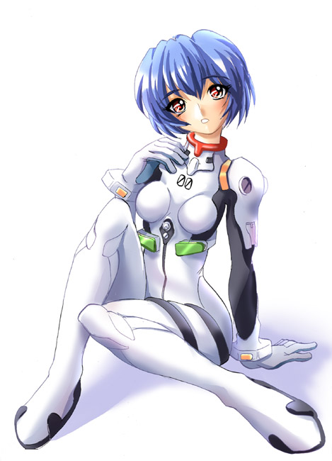 daikobutu, shiruko (inosin), ayanami rei, neon genesis evangelion, eyebrows, 1girl, arm support, blue hair, blush, bodysuit, bracer, breasts, female focus, full body, gloves, hair between eyes, hand on own chest, head tilt, headgear, knee up, looking at viewer, mecha pilot suit, parted lips, plugsuit (evangelion), red eyes, shadow, short hair, simple background, sitting, small breasts, solo, turtleneck, white background