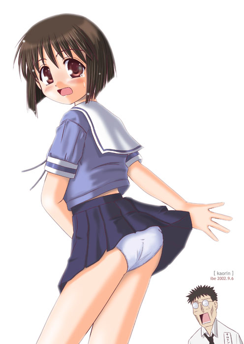 kaori (azumanga daioh), kimura, azumanga daiou, 1boy, 1girl, 2002, ass, black hair, blue panties, blush, bob cut, brown eyes, brown hair, cheekbones, clothes lift, dated, glasses, looking at another, looking at viewer, looking back, opaque glasses, open mouth, panties, pantyshot, round eyewear, school uniform, serafuku, short hair, simple background, skirt, skirt lift, teacher, tears, underwear, white background, white panties