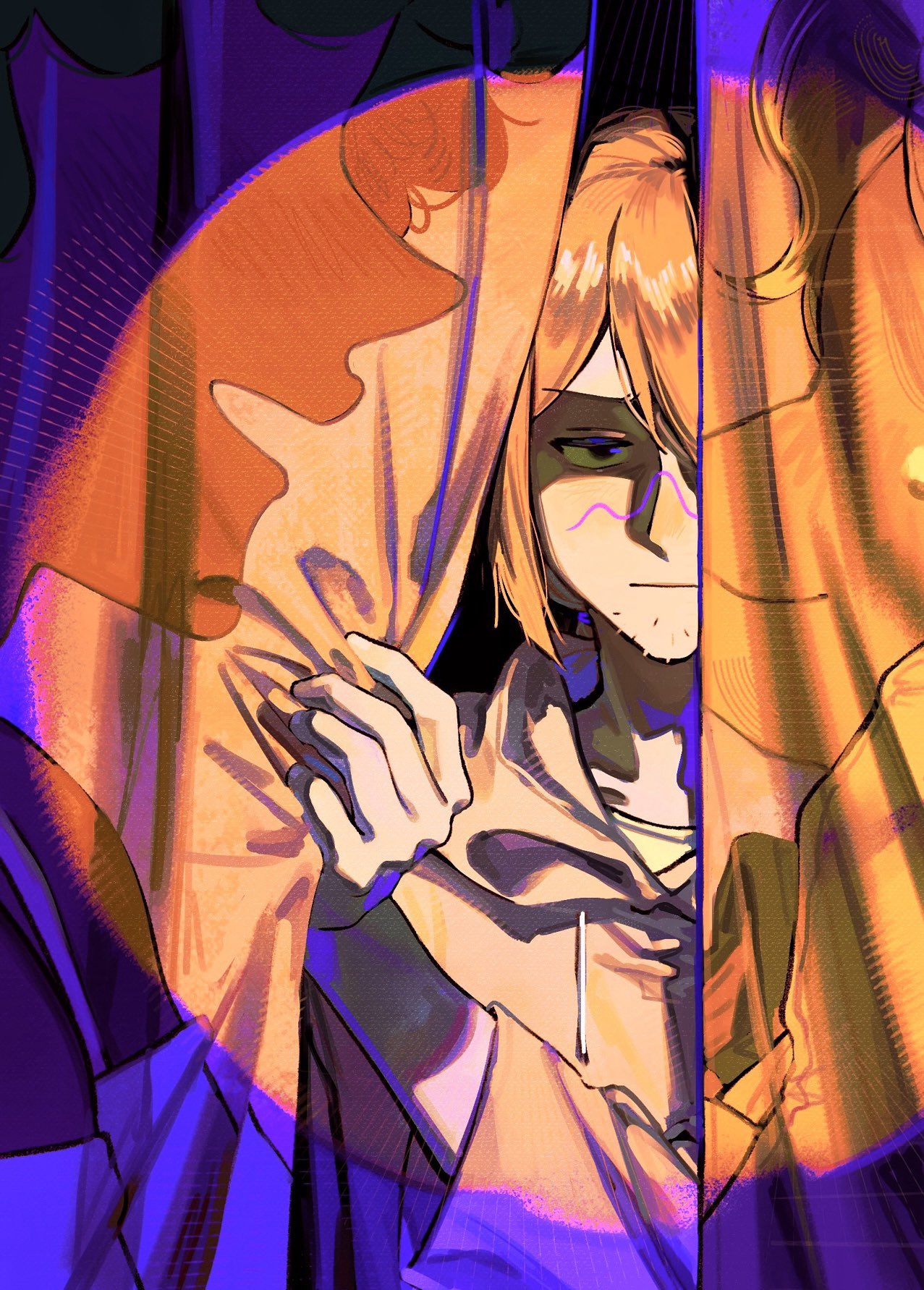 a-kai202, infinity train, highres, 1boy, black eyes, blonde hair, closed mouth, curtains, facial hair, hood, hoodie, male focus, simon laurent, solo, spotlight, stubble, white hoodie