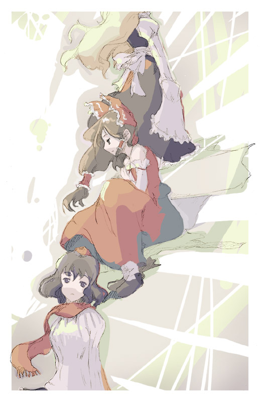 takanashi akihito, hakurei reimu, kirisame marisa, shameimaru aya, touhou, 3girls, apron, bare shoulders, black dress, blonde hair, detached sleeves, dress, female focus, floating hair, full body, hat, long sleeves, looking at viewer, multiple girls, red dress, short hair, sitting, sketch, standing, tokin hat, waist apron, wind