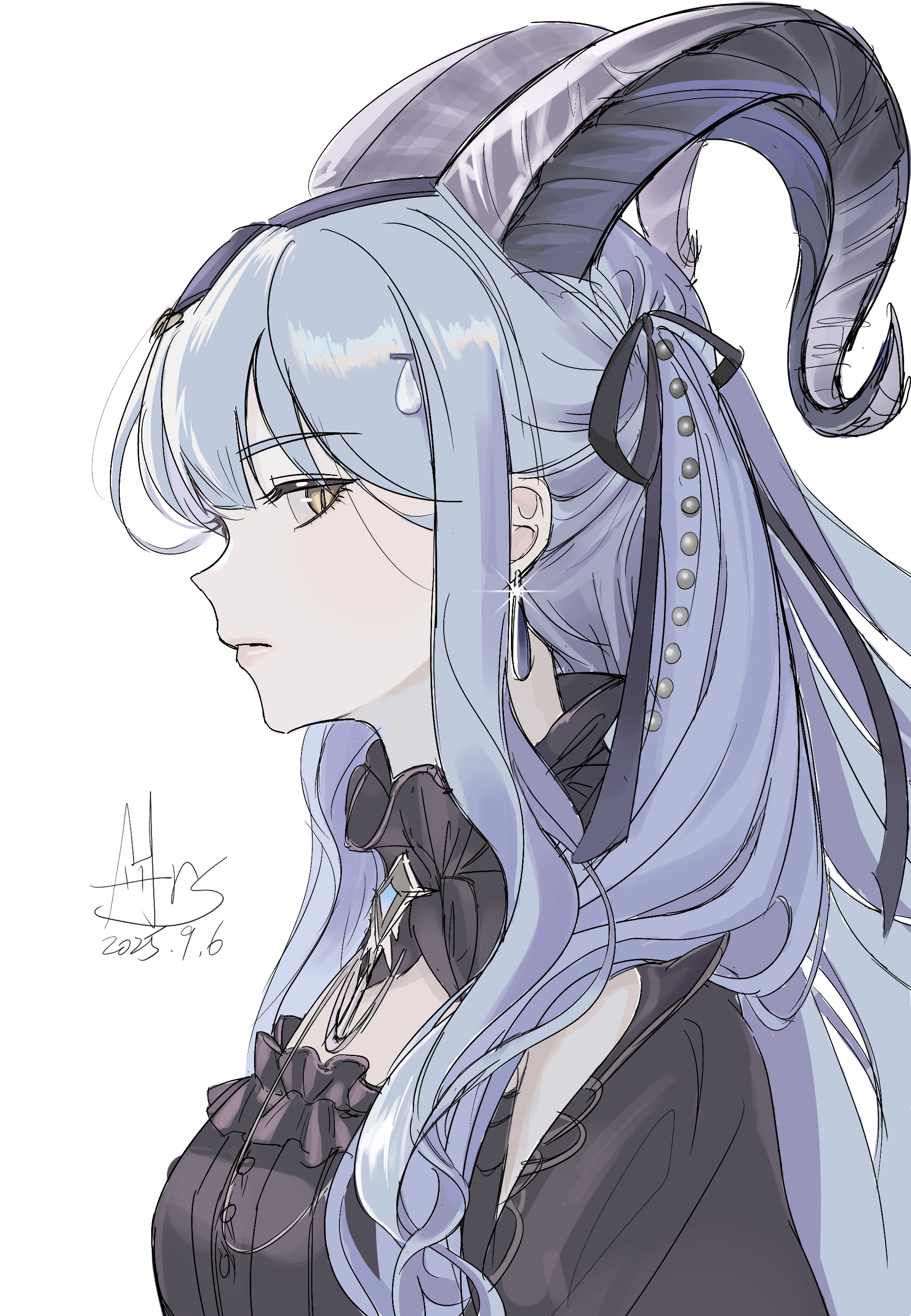 togawa sakiko, arknights, bang dream!, bang dream! it's mygo!!!!!, absurdres, chinese commentary, commentary request, highres, 1girl, black horns, black ribbon, blue hair, closed mouth, curled horns, dated, detached collar, from side, hair ribbon, horns, long hair, looking at viewer, profile, ribbon, sidelocks, signature, simple background, slit pupils, solo, togawa sakiko (master of melodia), two side up, upper body, white background, yellow eyes, zhijiu808
