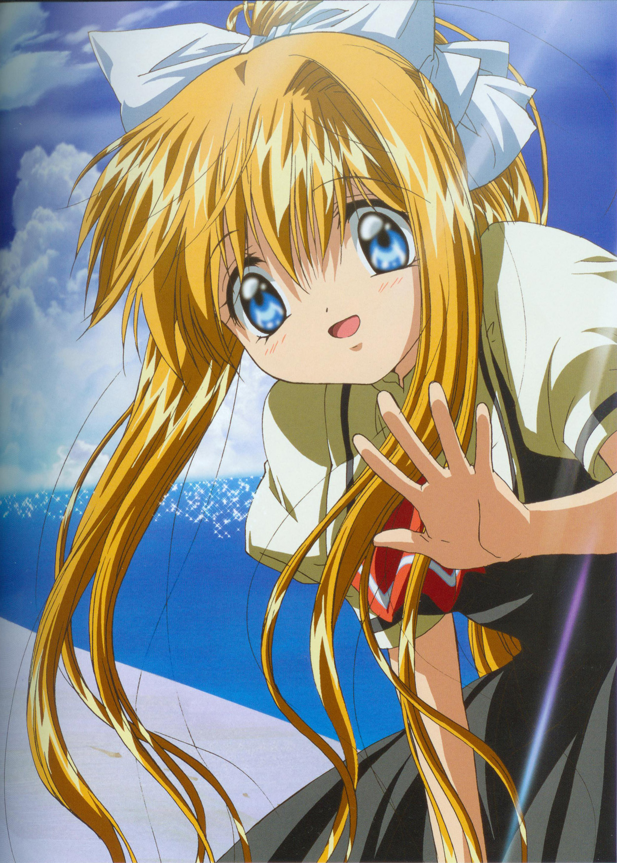 kamio misuzu, air (visual novel), highres, 00s, 1girl, blonde hair, blue eyes, cloud, day, female focus, long hair, ponytail, ribbon, school uniform, serafuku, sky, solo