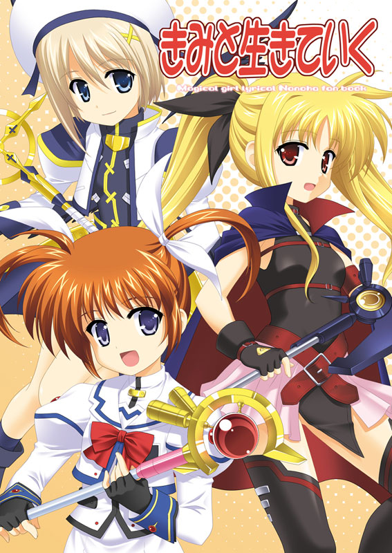masakichi (crossroad), bardiche (assault form) (nanoha), bardiche (nanoha), fate testarossa, fate testarossa (lightning form), raising heart, raising heart (device mode), schwertkreuz, takamachi nanoha, takamachi nanoha (sacred mode), yagami hayate, lyrical nanoha, mahou shoujo lyrical nanoha, mahou shoujo lyrical nanoha a's, 00s, 3girls, arm belt, belt, black wings, blonde hair, blue eyes, bow, brown hair, cape, fingerless gloves, gloves, hair ornament, hat, jacket, magical girl, multiple girls, open clothes, open jacket, purple eyes, red bow, red eyes, red hair, staff, thighhighs, twintails, unison (nanoha), waist cape, wings, x hair ornament